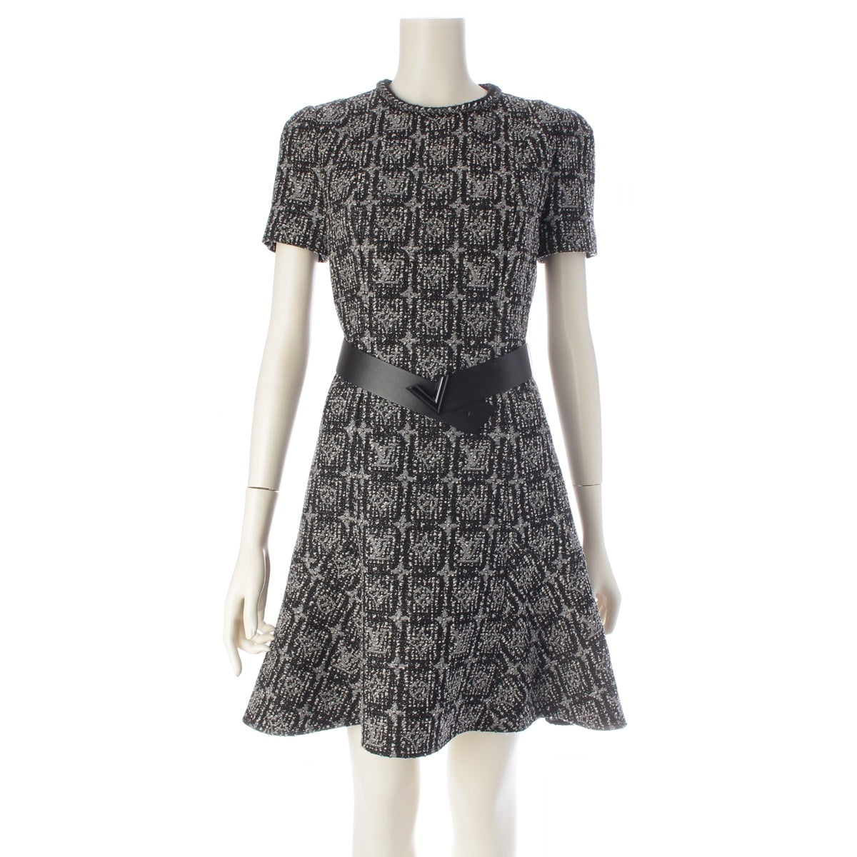 LOUIS VUITTON Monogram tweed wool silk Short sleeves with belt one piece FKDR38ZPA black 34