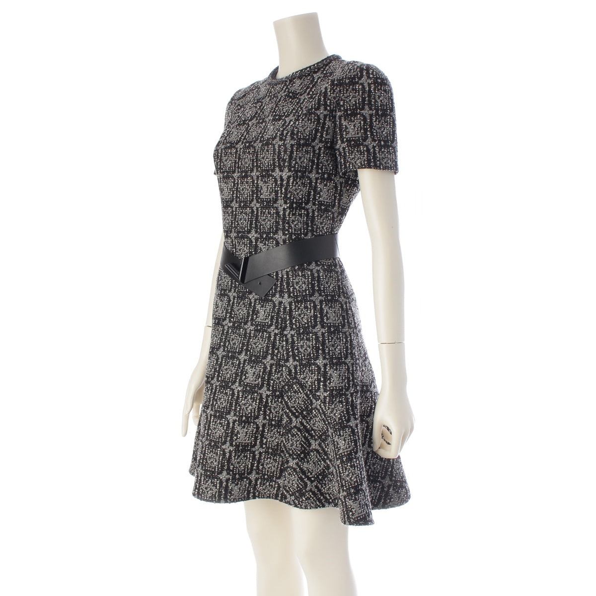 LOUIS VUITTON Monogram tweed wool silk Short sleeves with belt one piece FKDR38ZPA black 34