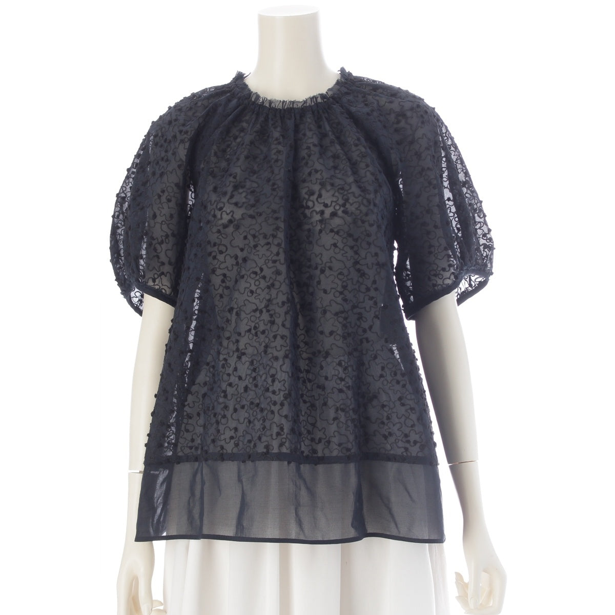 Drawer cotton Sheer Embroidered Floral Print blouse tops 6521-299-1319 Dark navy black 36
