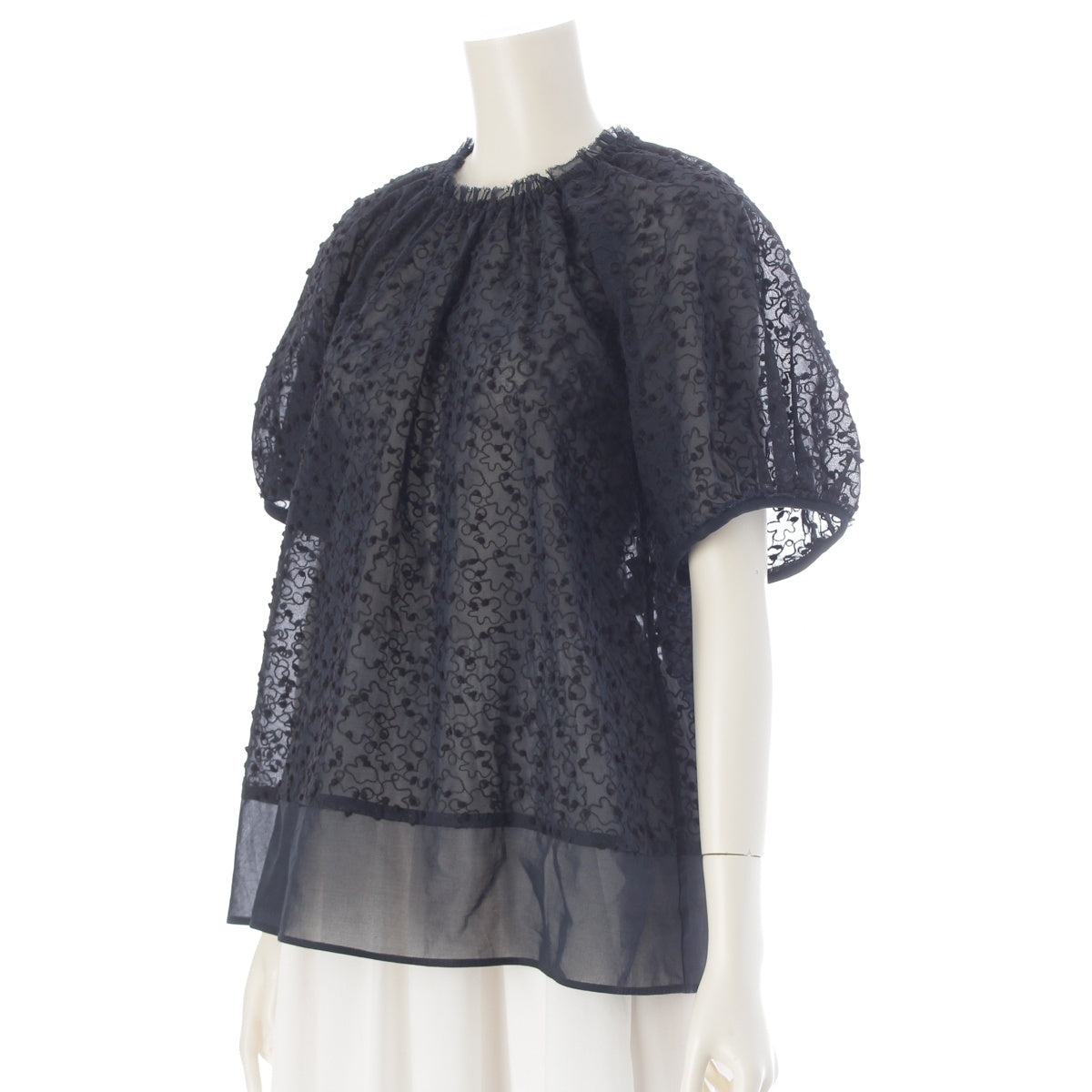 Drawer cotton Sheer Embroidered Floral Print blouse tops 6521-299-1319 Dark navy black 36