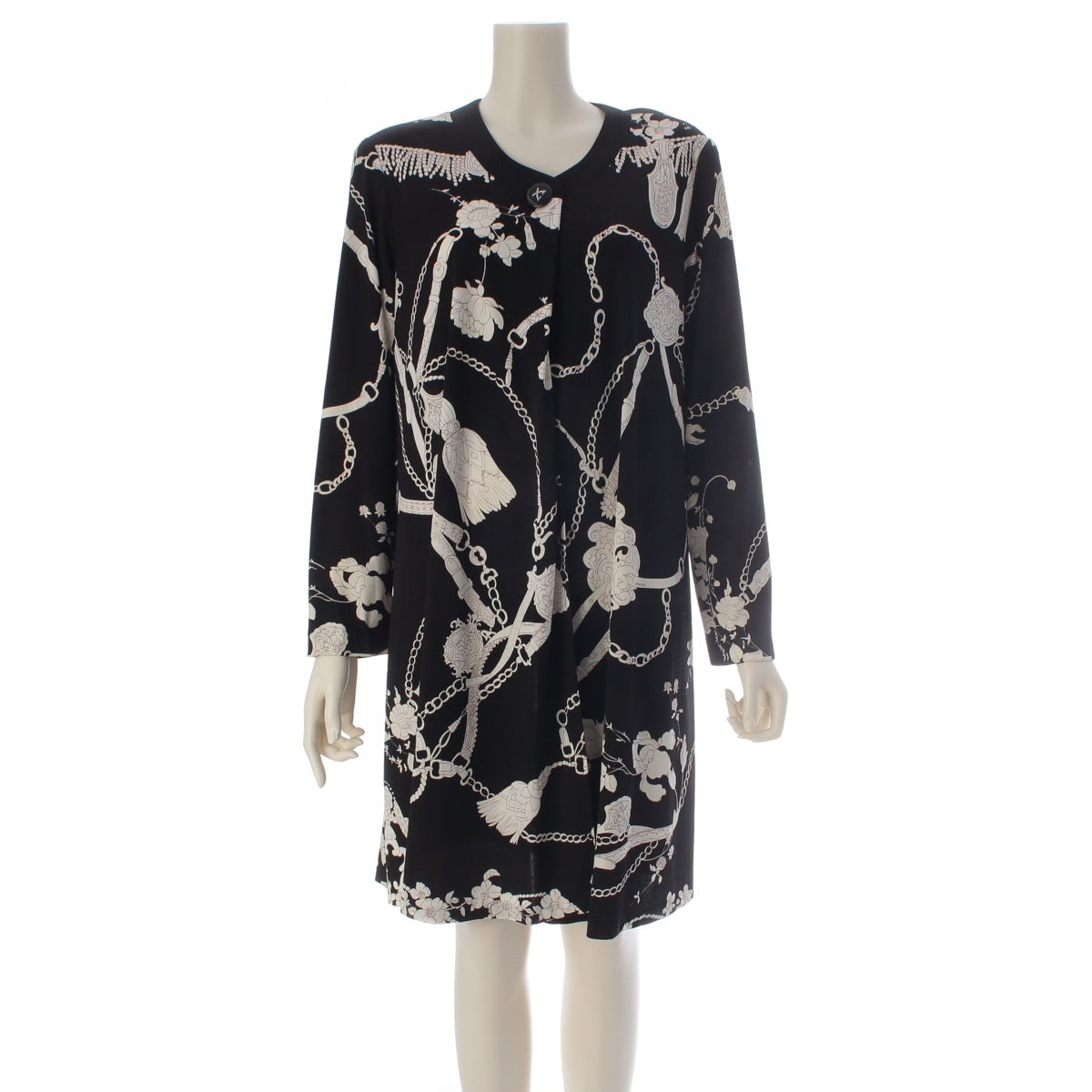 LEONARD Cancan material All-over pattern belt / Chain Pattern Long cardigan 0191502 Black White M