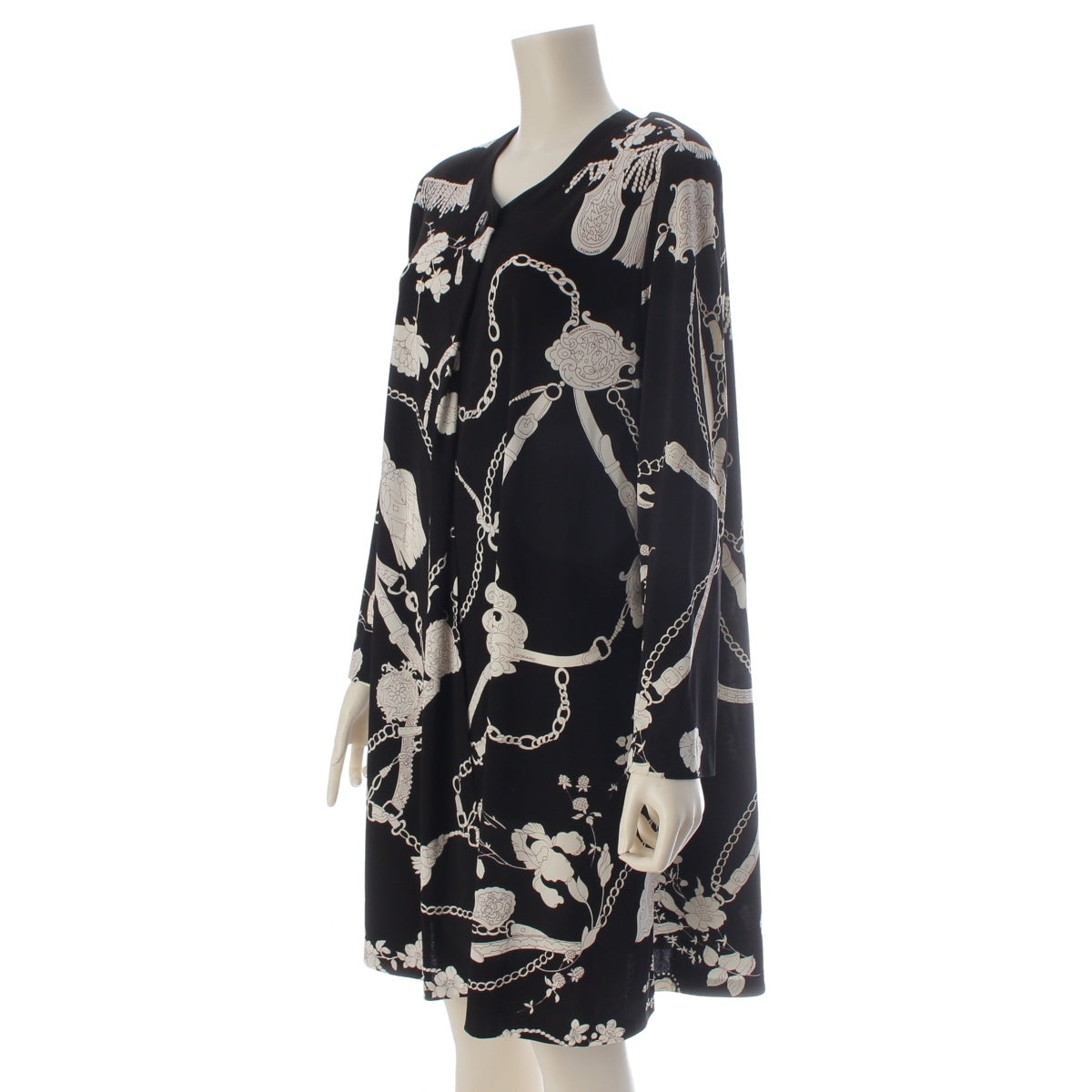 LEONARD Cancan material All-over pattern belt / Chain Pattern Long cardigan 0191502 Black White M