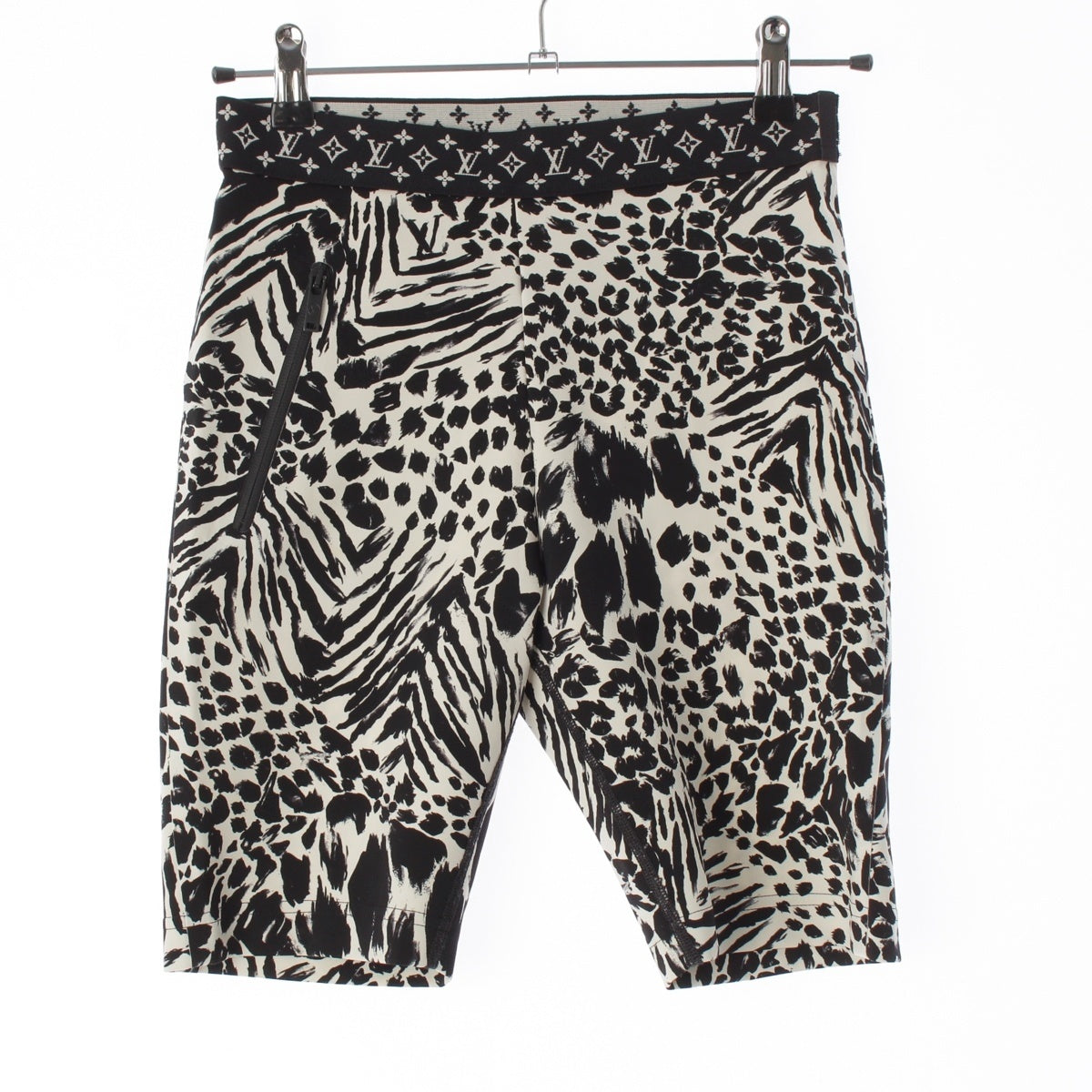 LOUIS VUITTON Nylon Monogram Leopard Half Leggings Pants Black x white 36