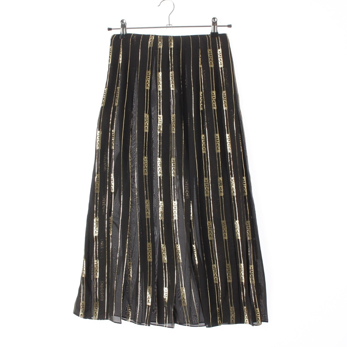 GUCCI DAPPER DAN silk Logo Stripe Pleated skirt 409370 Black x Gold 36