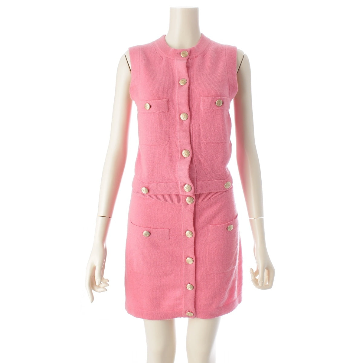 CHANEL cashmere COCO Mark COCO Button 3-Way Sleeveless Cardigan & Skirt Dress 3 piece P72778 pink 34