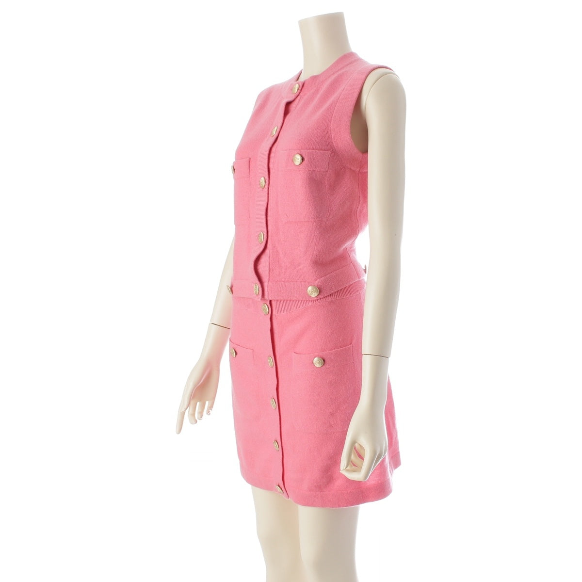 CHANEL cashmere COCO Mark COCO Button 3-Way Sleeveless Cardigan & Skirt Dress 3 piece P72778 pink 34