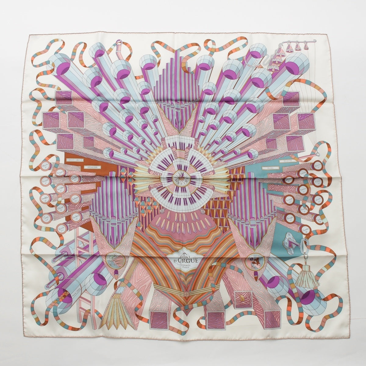 HERMES Calle 90 silk Point D'ORGUE Fermata scarf White system
