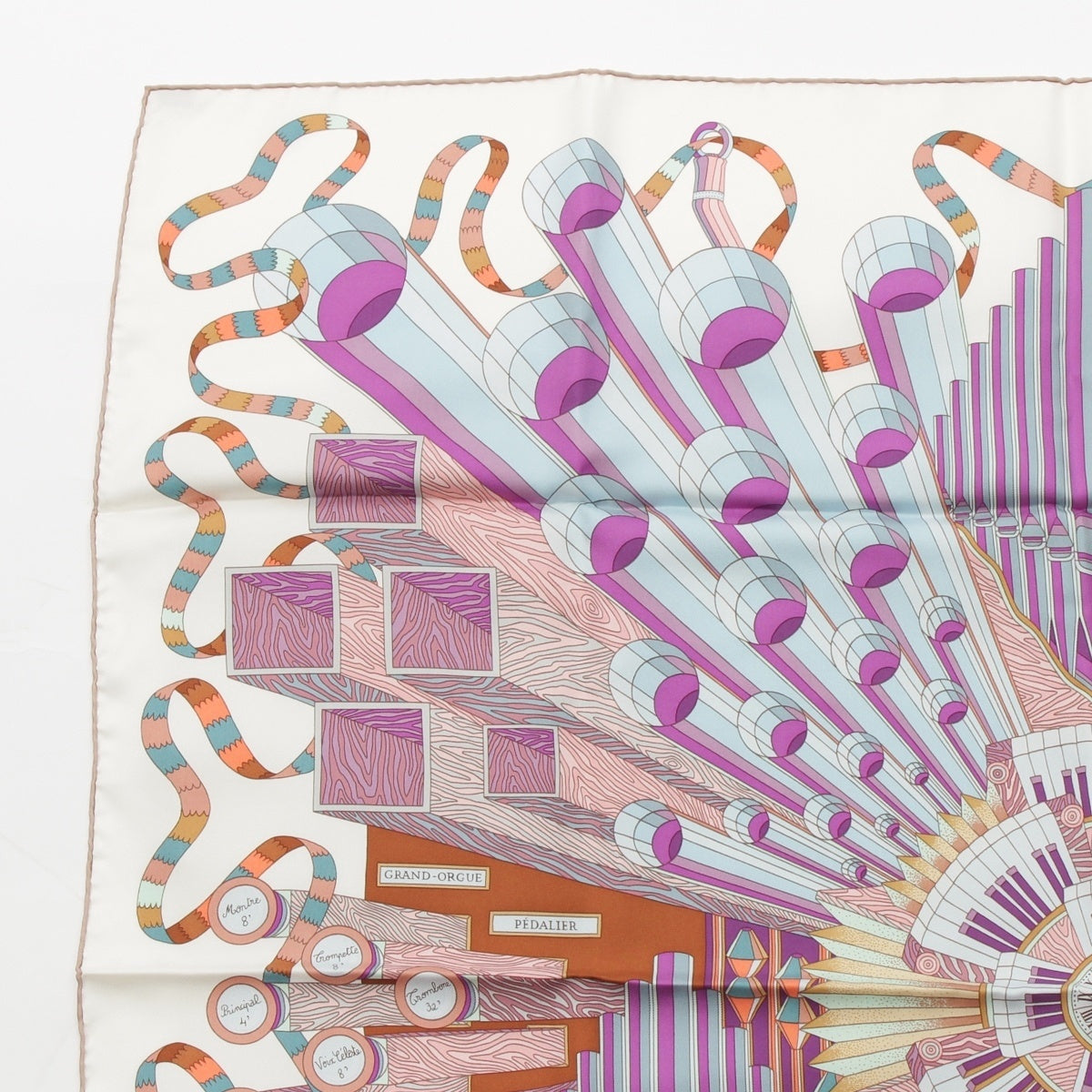 HERMES Calle 90 silk Point D'ORGUE Fermata scarf White system