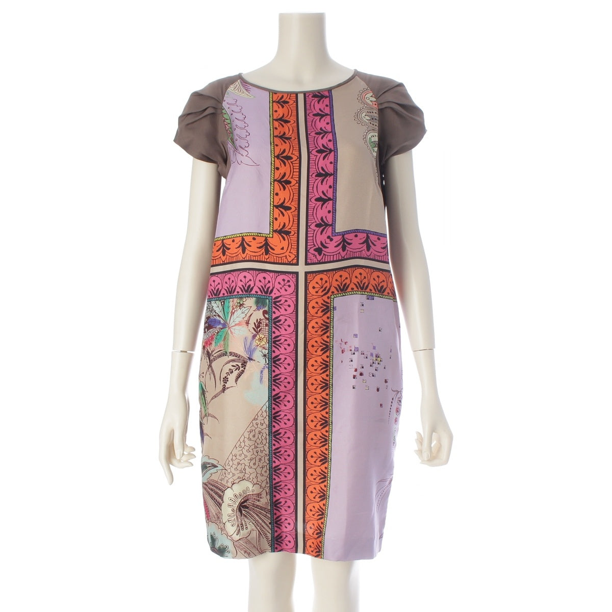 ETRO silk Short-sleeved, all-over print one piece dress 122-15237-5608 Beige multicolor 38
