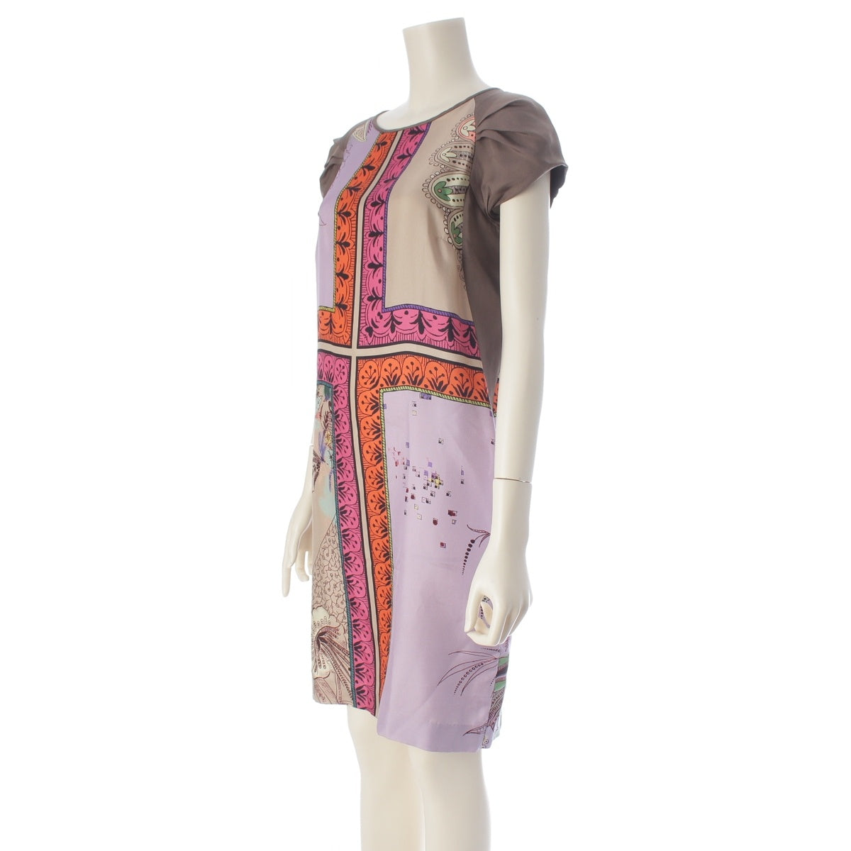 ETRO silk Short-sleeved, all-over print one piece dress 122-15237-5608 Beige multicolor 38