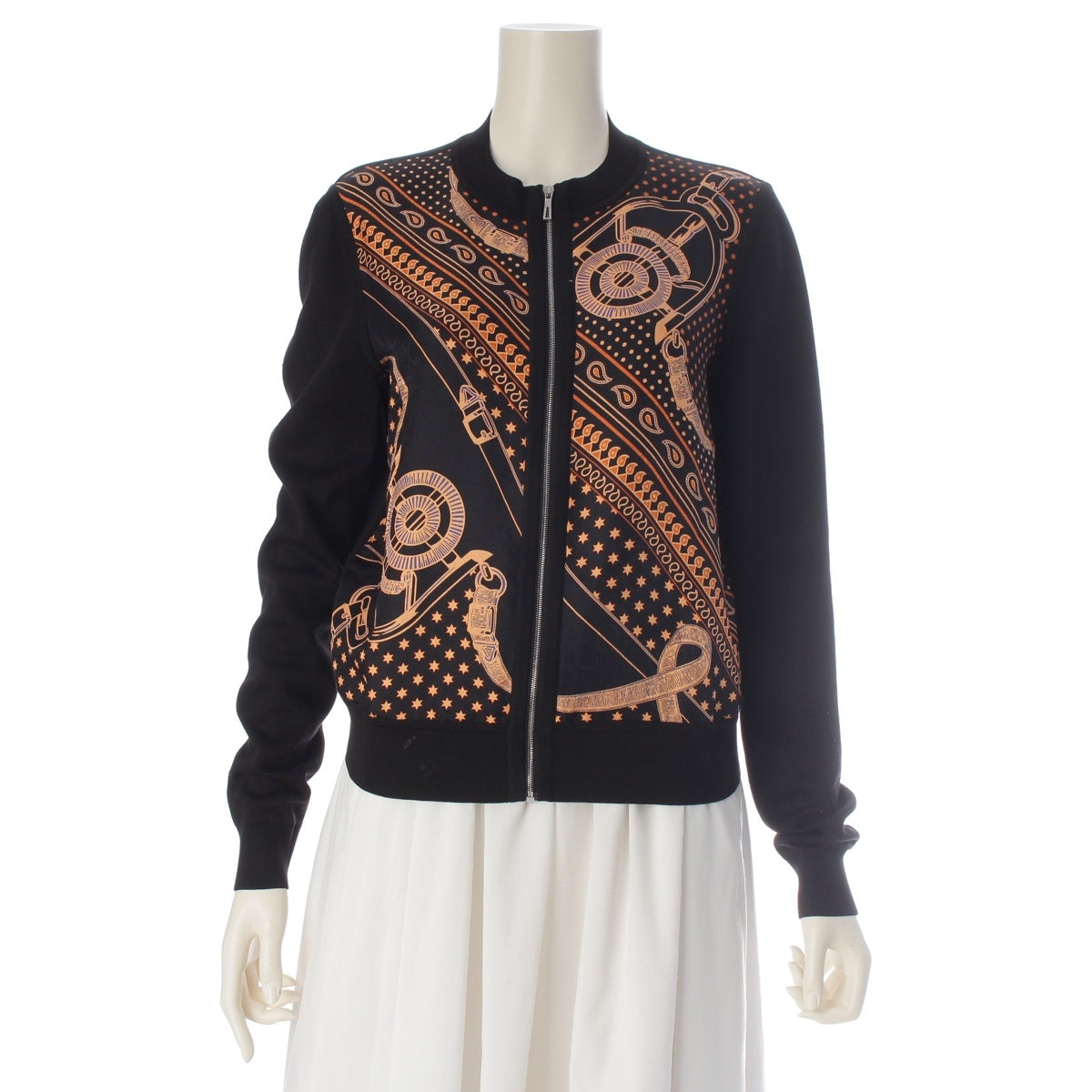 HERMES silk cotton Apron Doll Twillene Bandana Pattern Knit Blouson tops 4H2824D3 Orange black 34