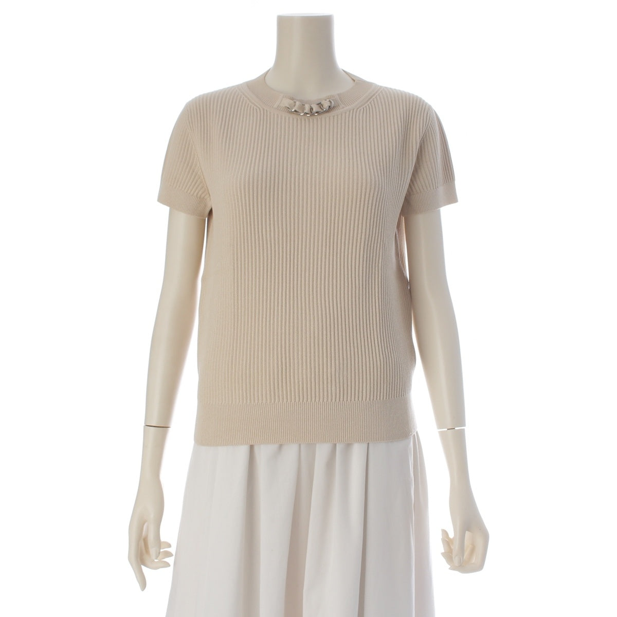HERMES Rayon, Silk, Nylon SilverChain Neck Short Sleeve knit tops 3E2605D6 beige 36