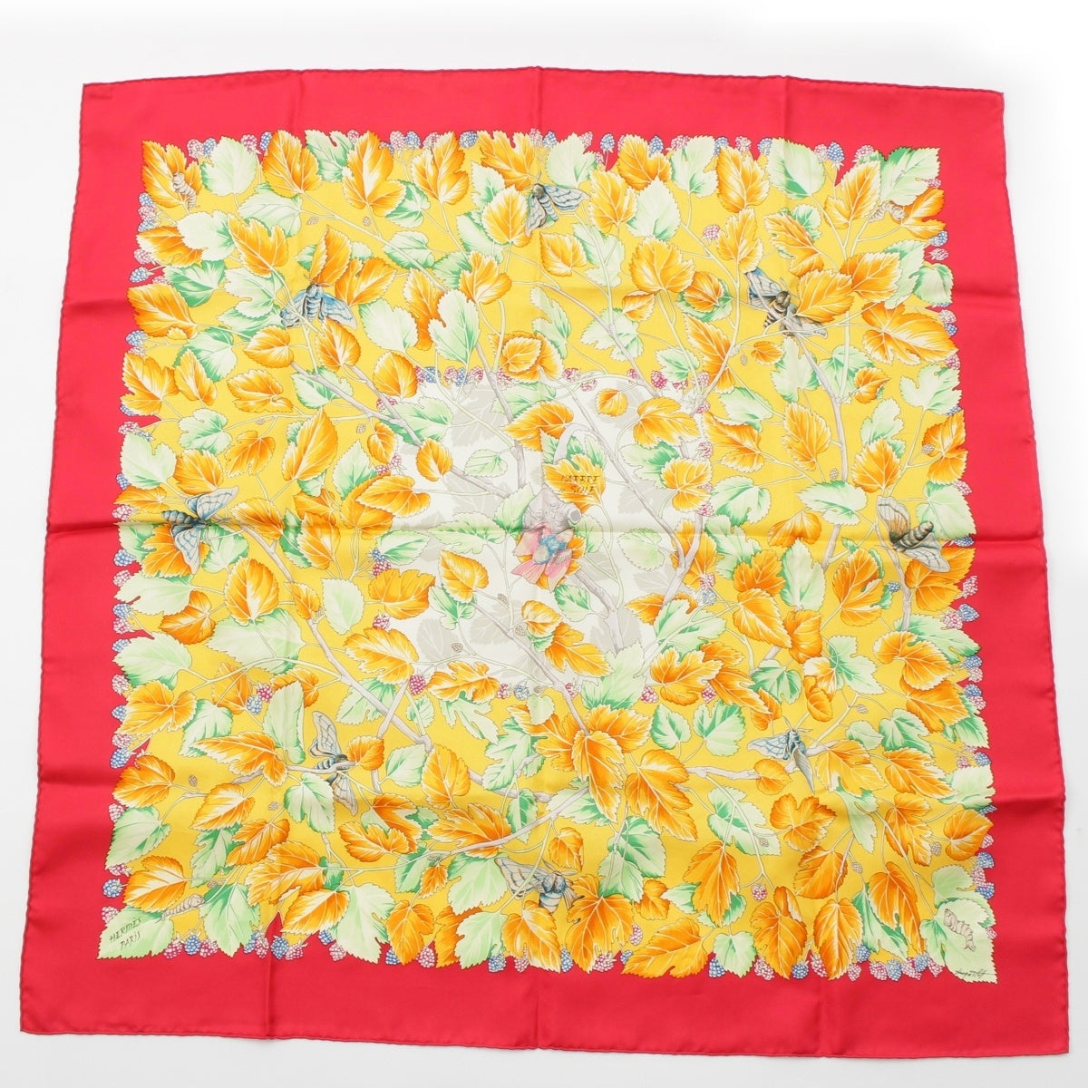 HERMES Carre 90 I'ARBRE DE SOIE Silk Tree silk scarf Red yellow