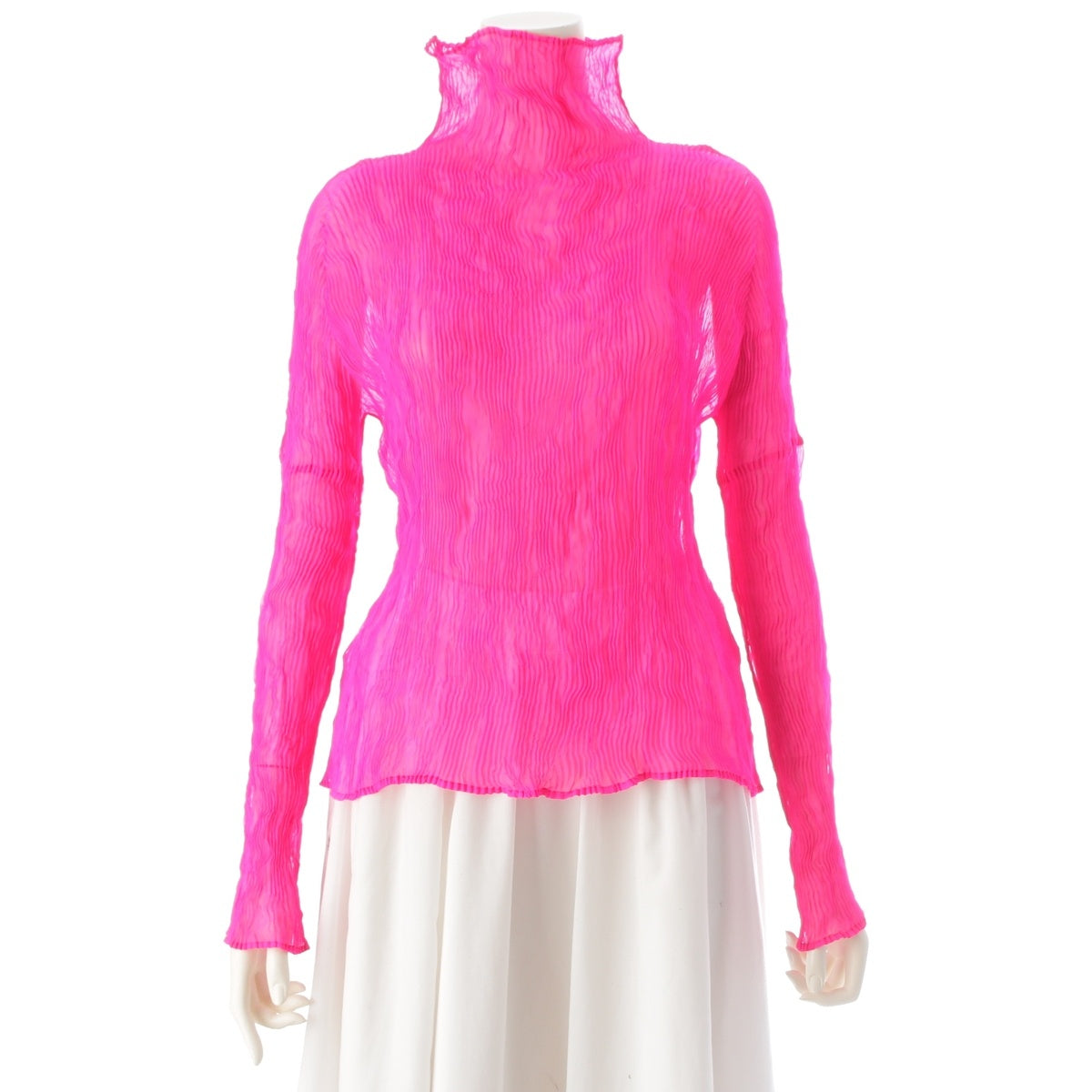 ISSEY MIYAKE Wavy Pleated Bottleneck Sheer Cut tops IM31-FK031 Shocking Pink Bright M