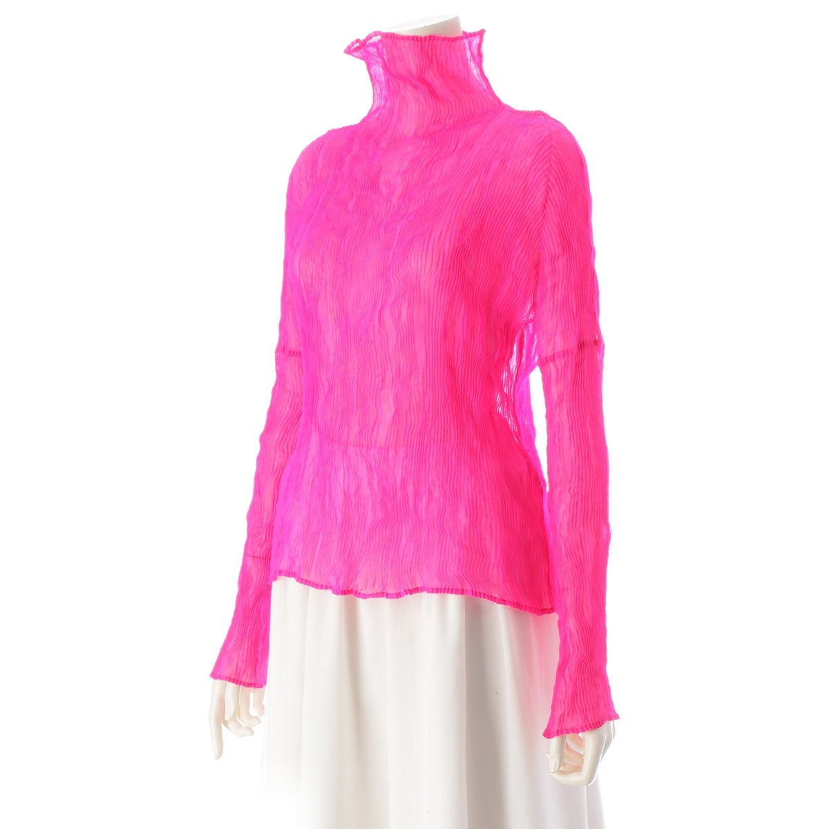 ISSEY MIYAKE Wavy Pleated Bottleneck Sheer Cut tops IM31-FK031 Shocking Pink Bright M