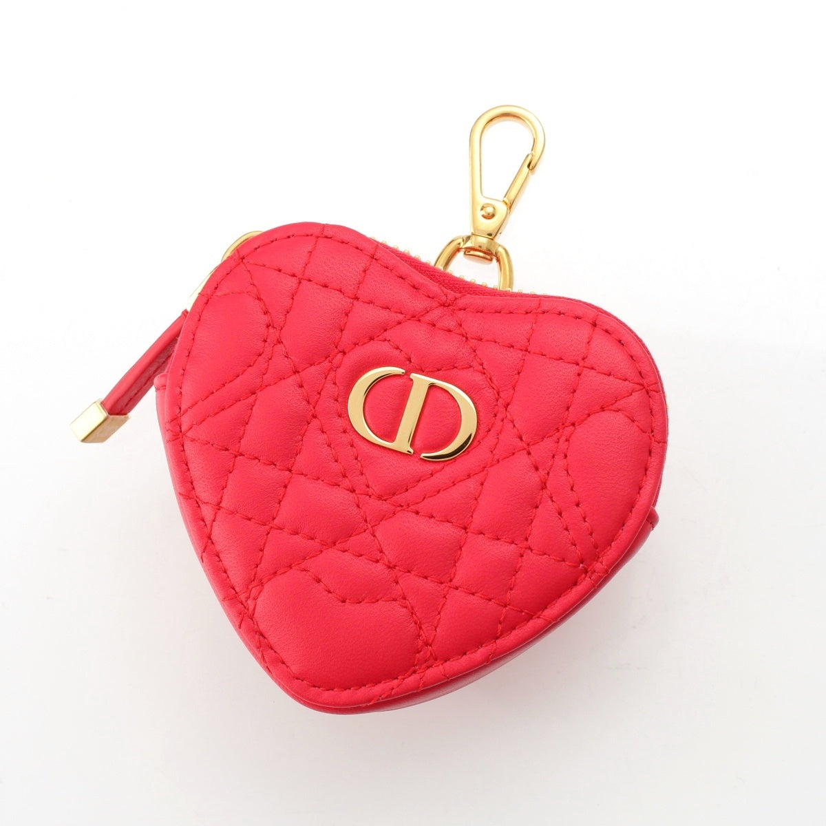 Christian Dior Cannage Heart Heart Charm Coin Purse Pouch Gold Metal Red