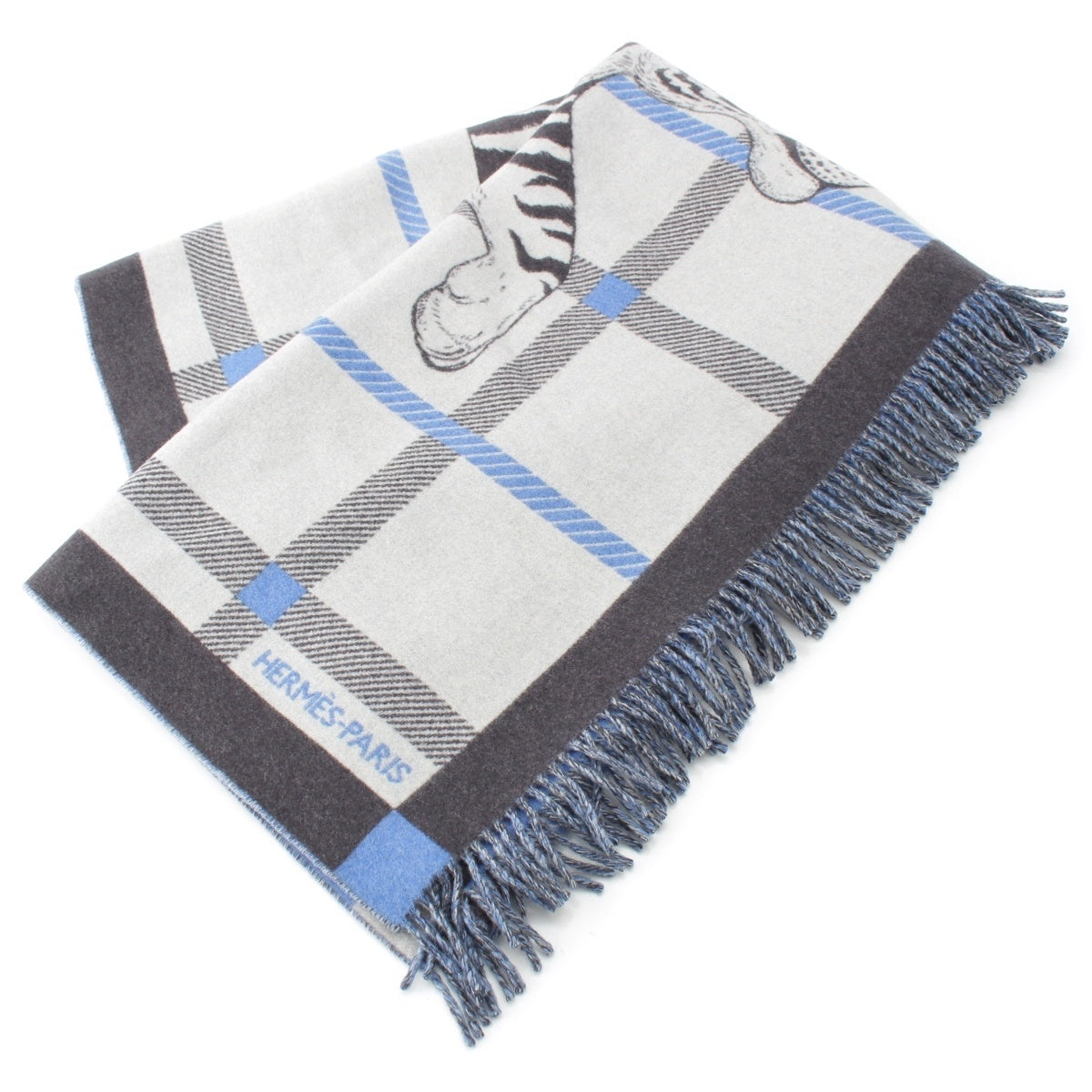 HERMES Tigre Altai 2 wool cashmere Plaid Jacquard Blanket Tiger Liger Fashion accessories H103725M blue