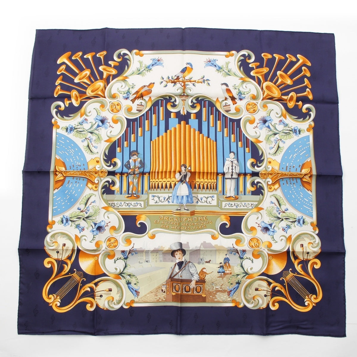 HERMES Calle 90 silk ORGAUPHONE ETAUTRES MECANIQUES (Pipe organs and mechanical instruments) scarf Blue multicolor