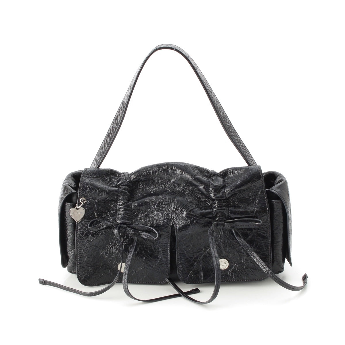 ACNE STUDIOS Multi-pocket ribbon design heart charm Shoulder Bag SilverMetal black