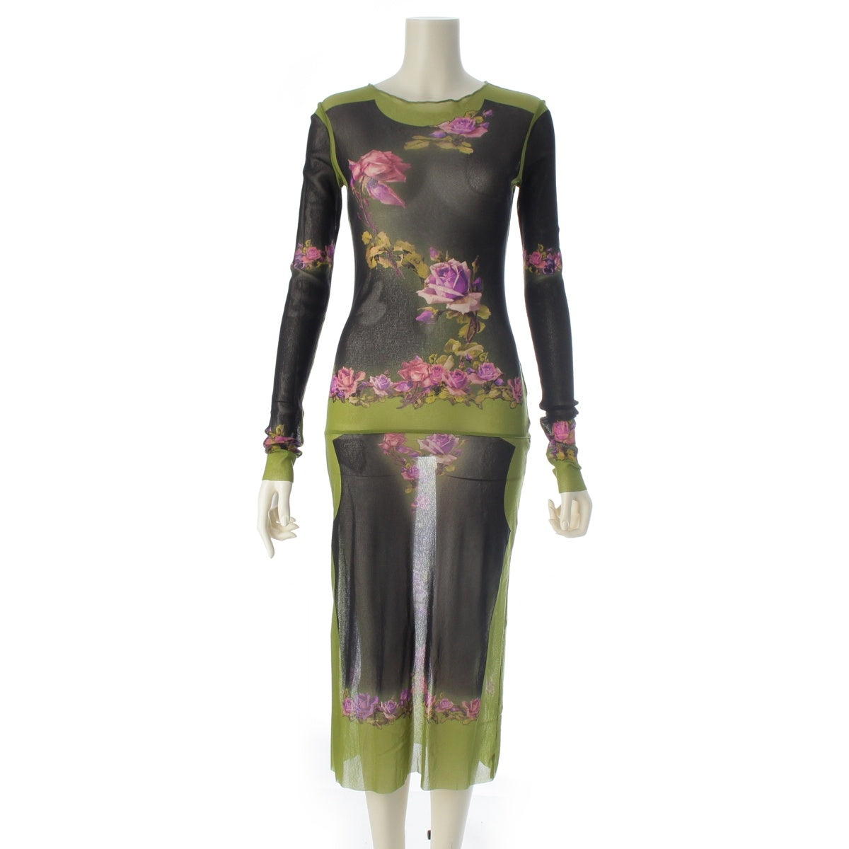 JEAN-PAUL GAULTIER Floral print mesh sheer long-sleeved top one piece dress Green x black S