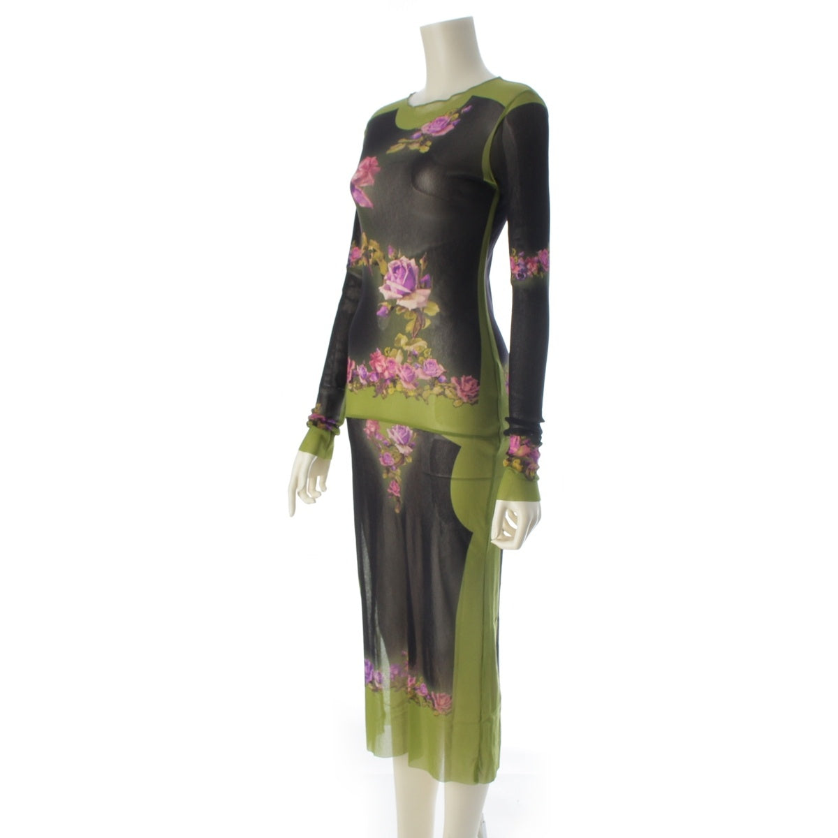 JEAN-PAUL GAULTIER Floral print mesh sheer long-sleeved top one piece dress Green x black S