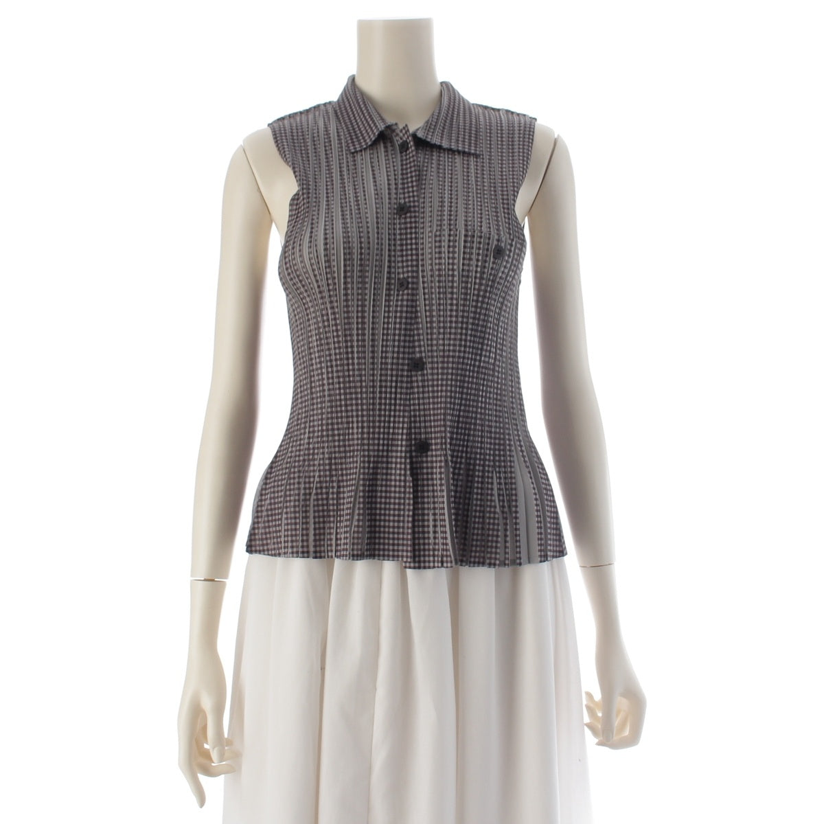 PLEATS PLEASE ISSEY Gingham check transfer print sleeveless shirt tops PP22-JE851 Gray black 4