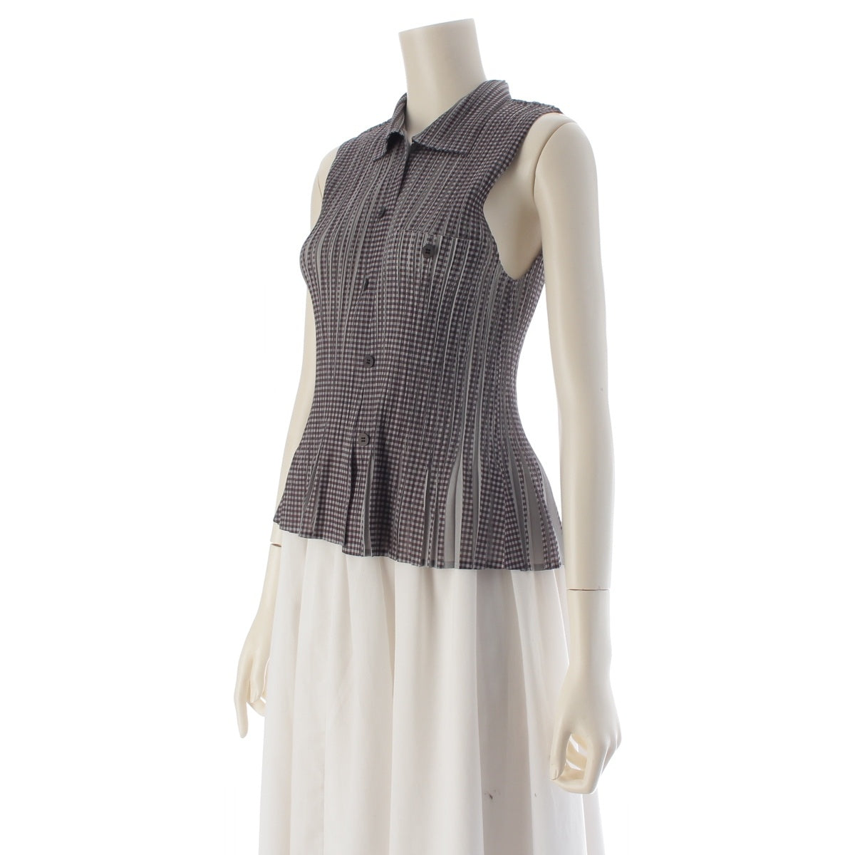PLEATS PLEASE ISSEY Gingham check transfer print sleeveless shirt tops PP22-JE851 Gray black 4