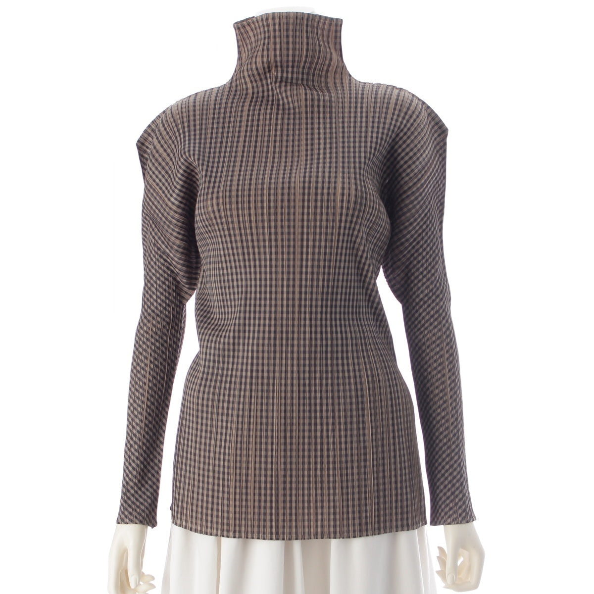 ISSEY MIYAKE Pleated Please Old design check pattern bottleneck long sleeve Cut tops PP54-JK604 Beige black 3