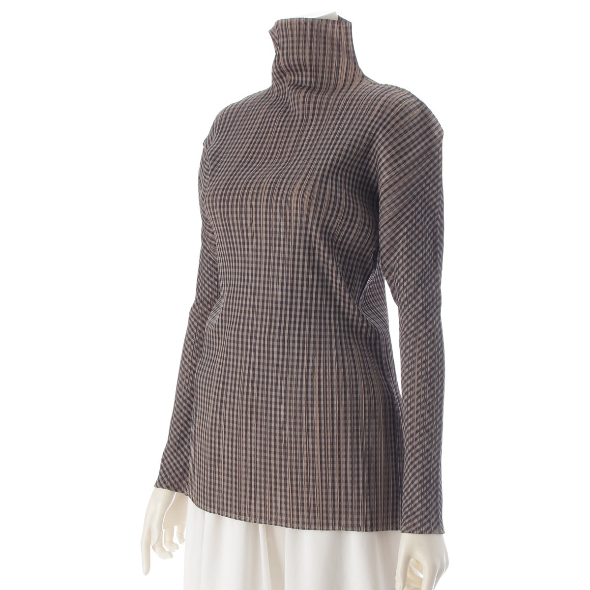 ISSEY MIYAKE Pleated Please Old design check pattern bottleneck long sleeve Cut tops PP54-JK604 Beige black 3