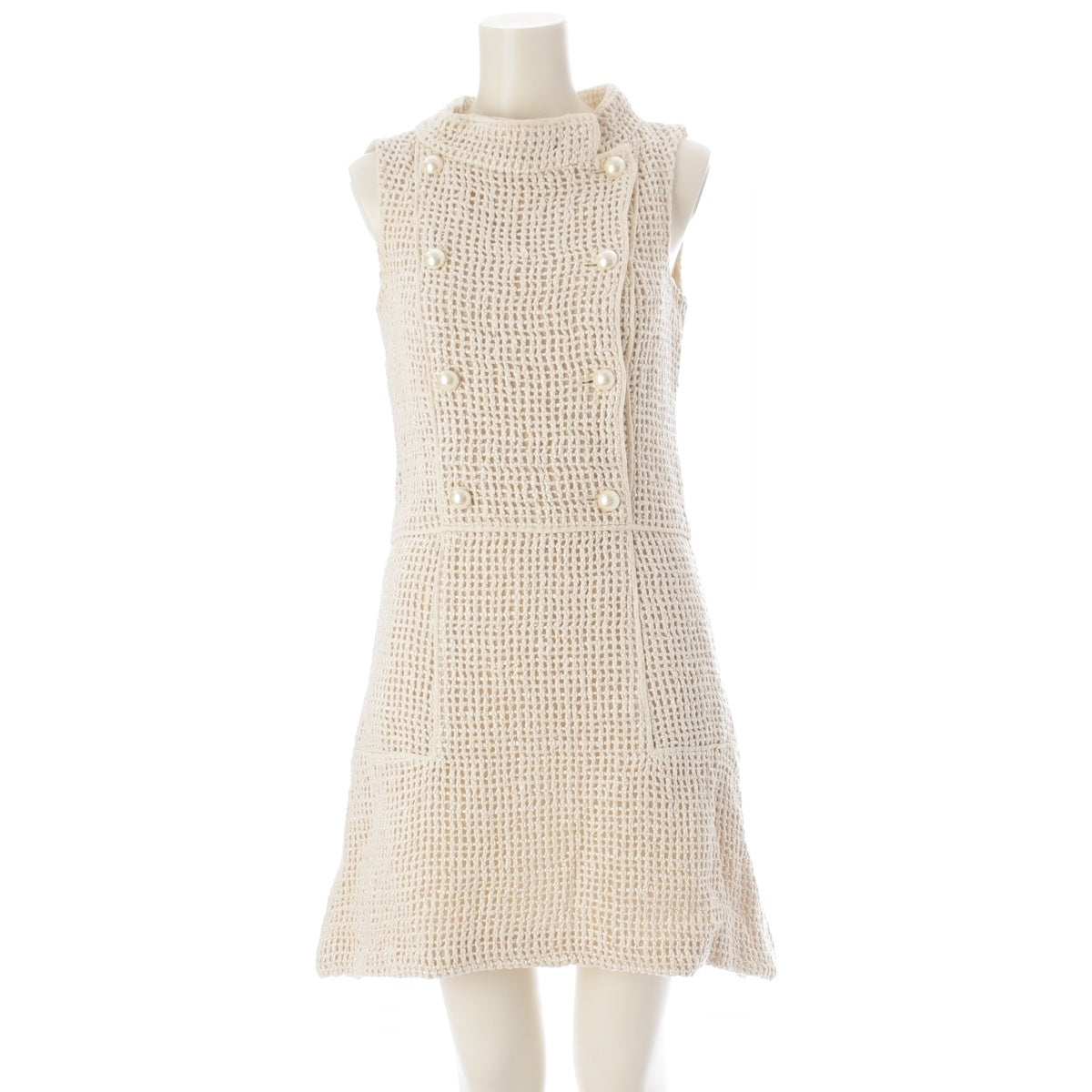 CHANEL silk COCO Mark Pearl Button Sleeveless Top one piece P46193 Ivory 36