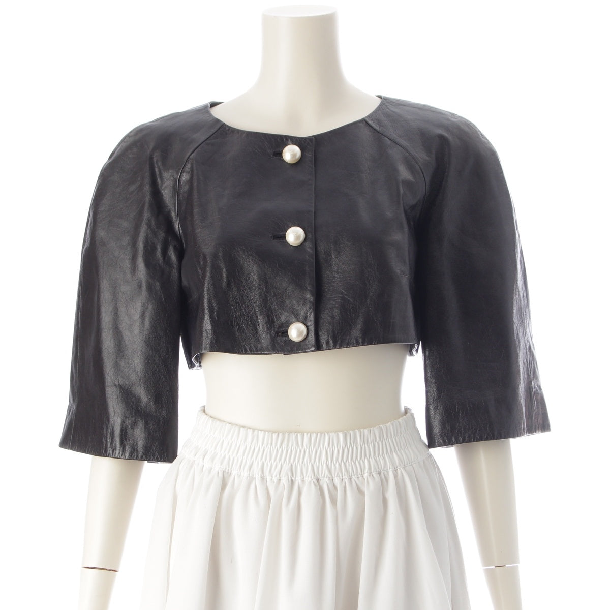 CHANEL Lambskin leather COCO Mark Pearl Button Cropped Pants Jacket P46019 black 36