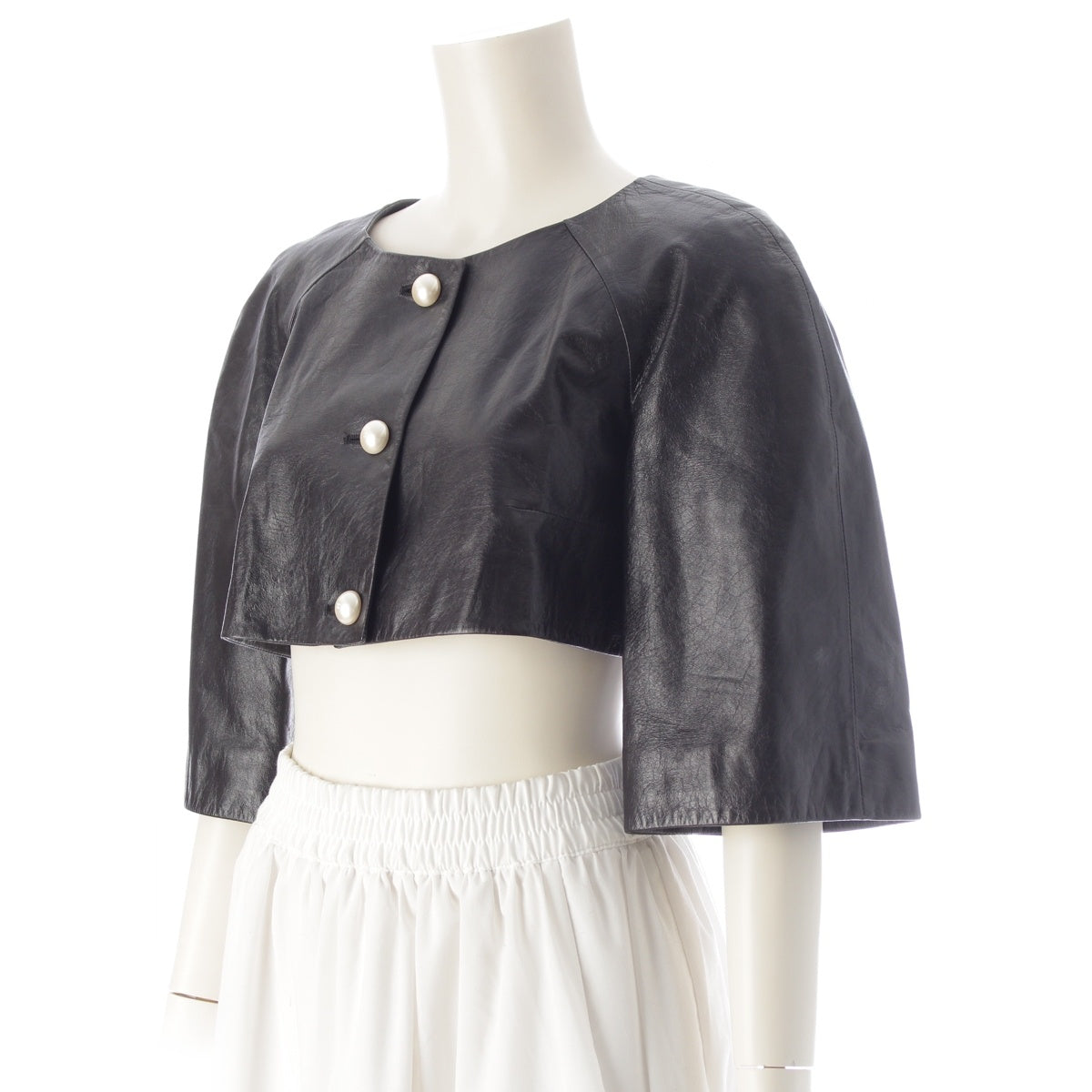 CHANEL Lambskin leather COCO Mark Pearl Button Cropped Pants Jacket P46019 black 36