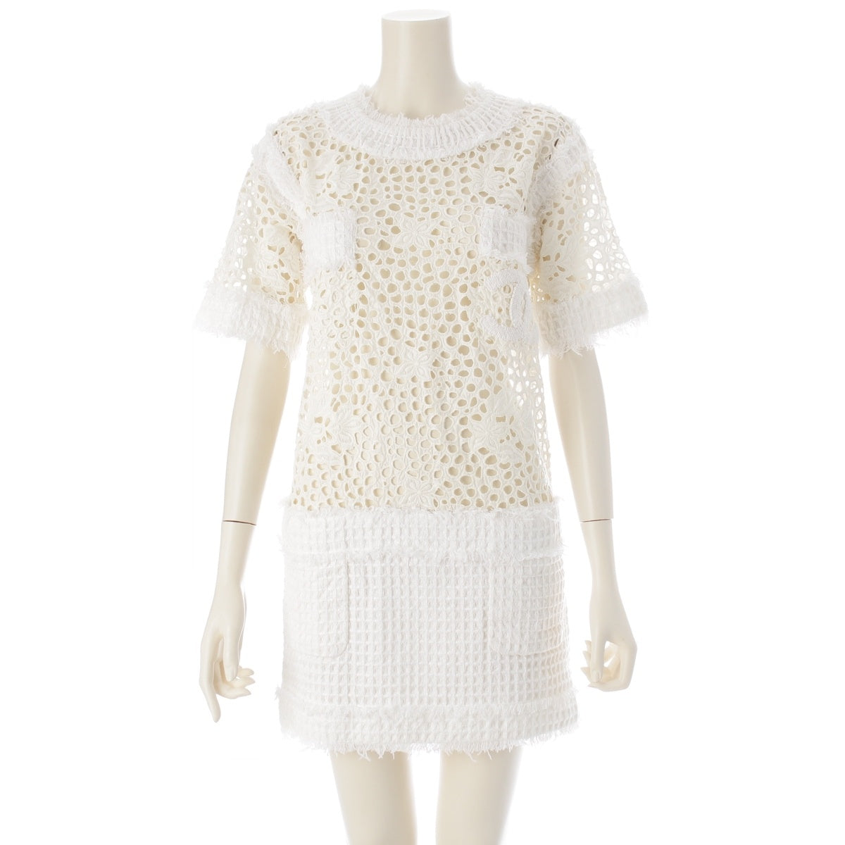 CHANEL Deca COCO Mark Rayon nylon Lace short sleeves one piece tops P40148 white 38