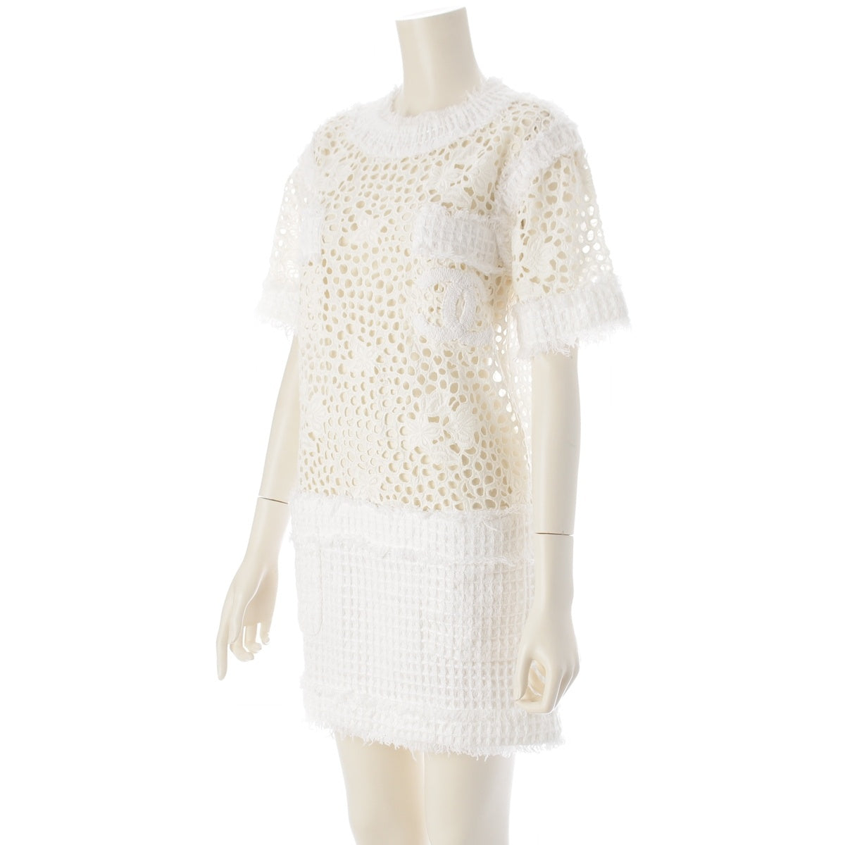 CHANEL Deca COCO Mark Rayon nylon Lace short sleeves one piece tops P40148 white 38
