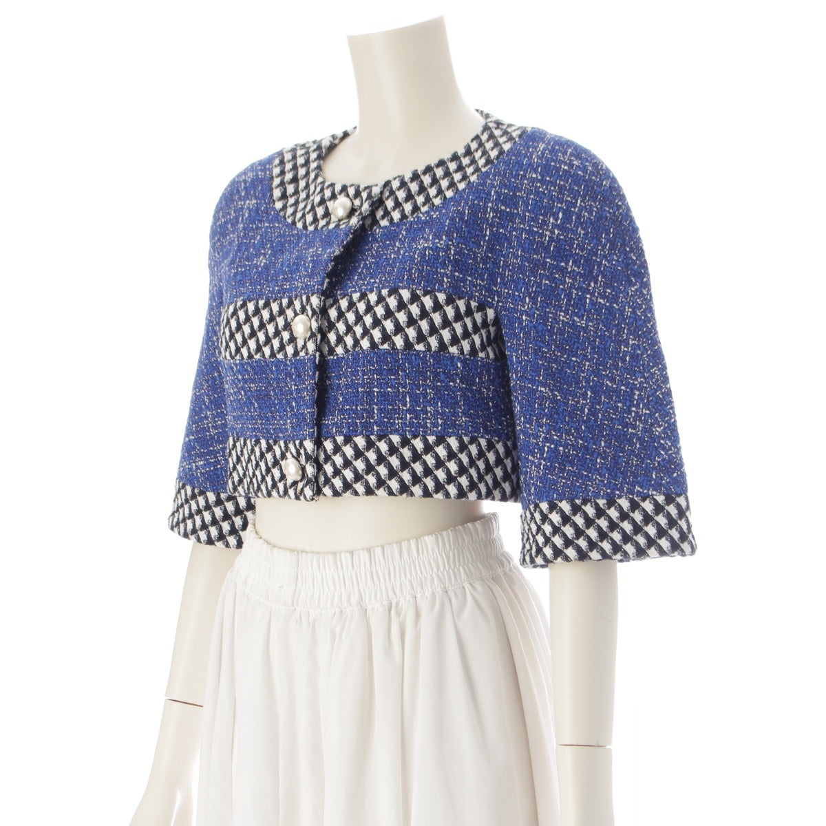 CHANEL Cotton wool COCO Mark Pearl Button Tweed Cropped Pants tailored jacket Tops outer P45853 Black blue white 36