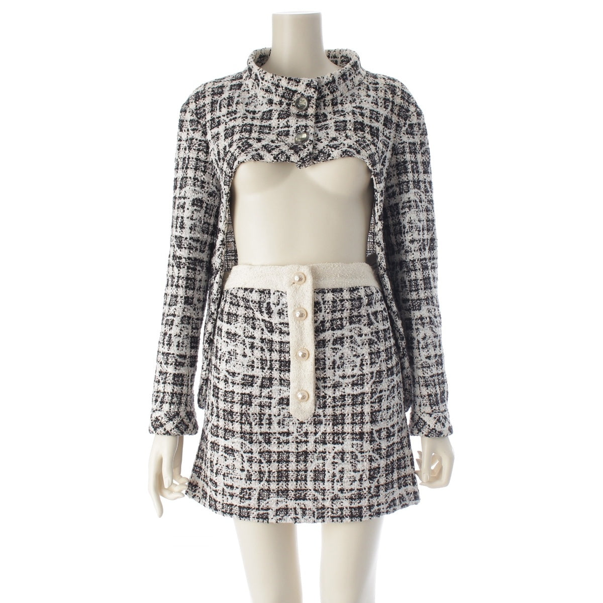 CHANEL Camellia Tweed Jacket Mini Skirt setup P49 Black x white 38 36