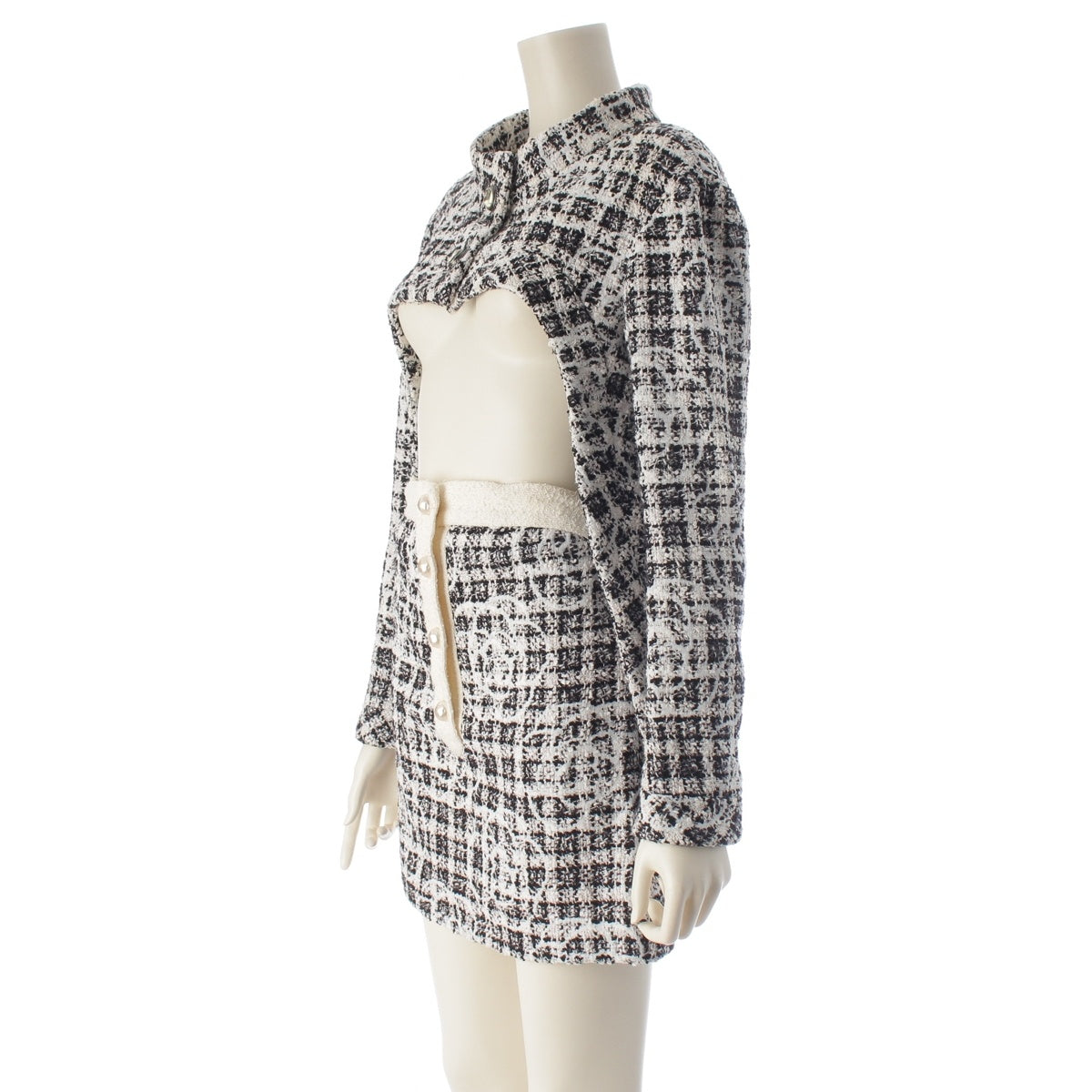 CHANEL Camellia Tweed Jacket Mini Skirt setup P49 Black x white 38 36