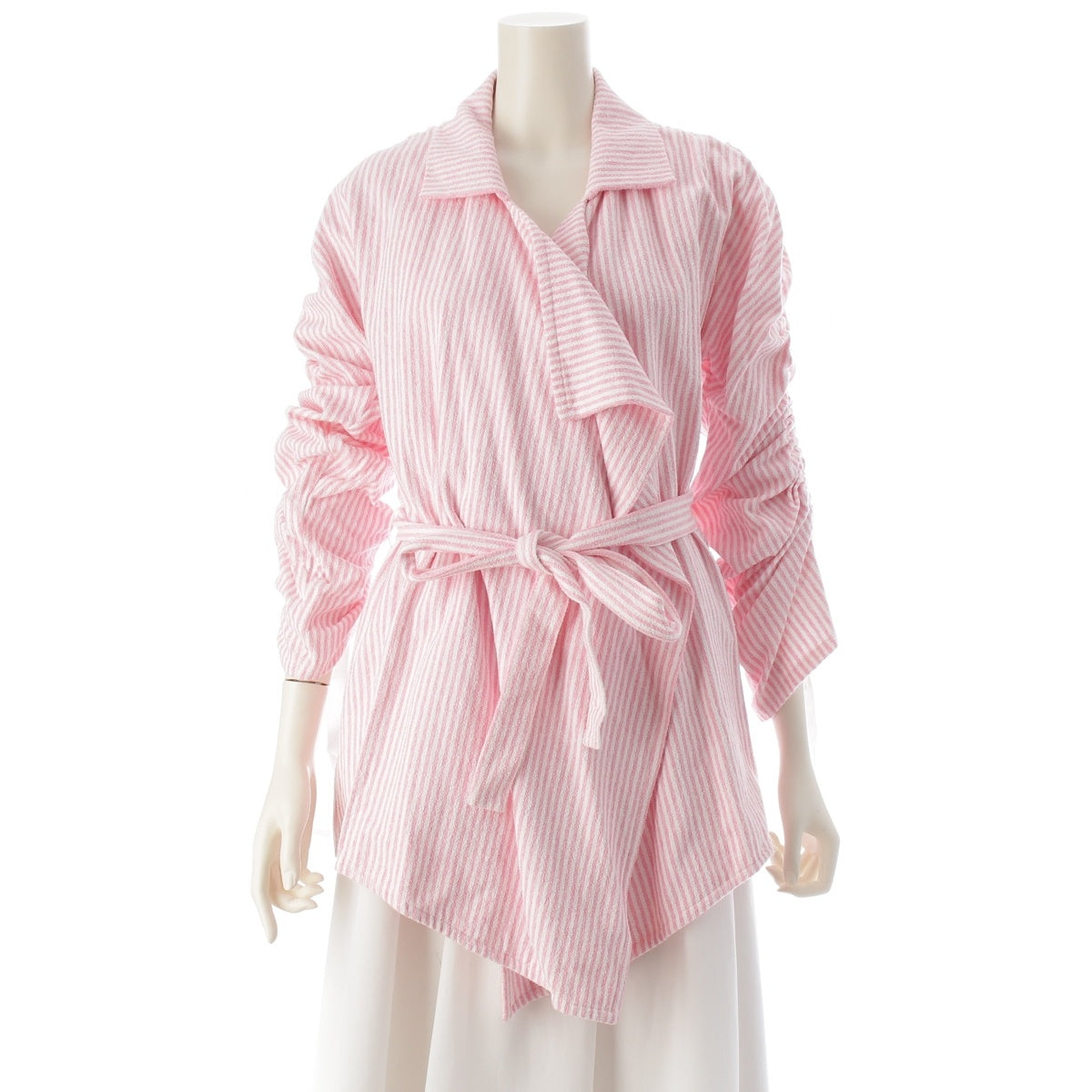 CHANEL cotton COCO Mark Striped Belted Jacket coat P60302 Pink white 36