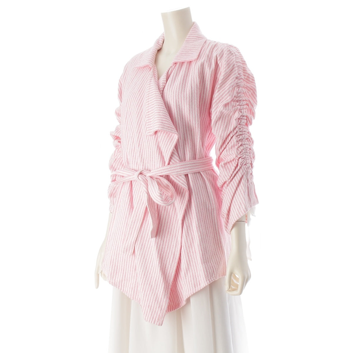 CHANEL cotton COCO Mark Striped Belted Jacket coat P60302 Pink white 36