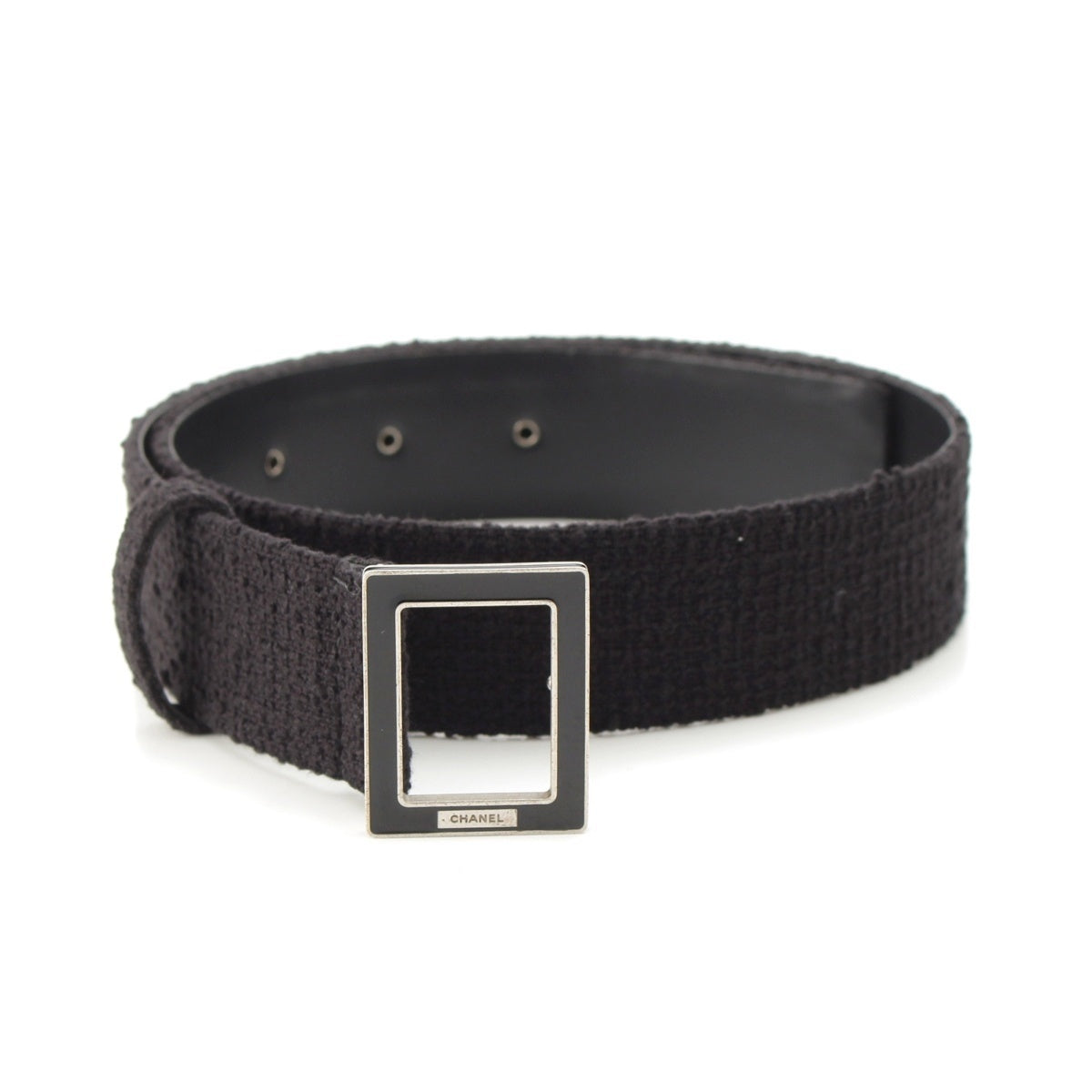 CHANEL tweed logo square buckle belt black