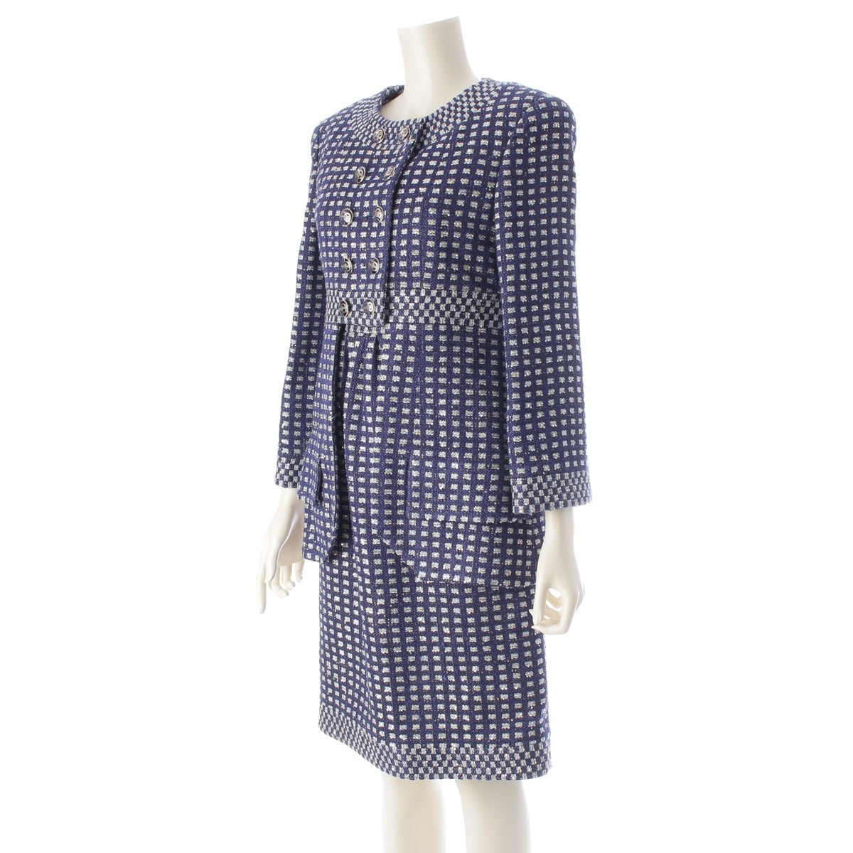 CHANEL CC COCO Mark Button Tweed Sequin Jacket one piece setup P55929 P55930 blue 36