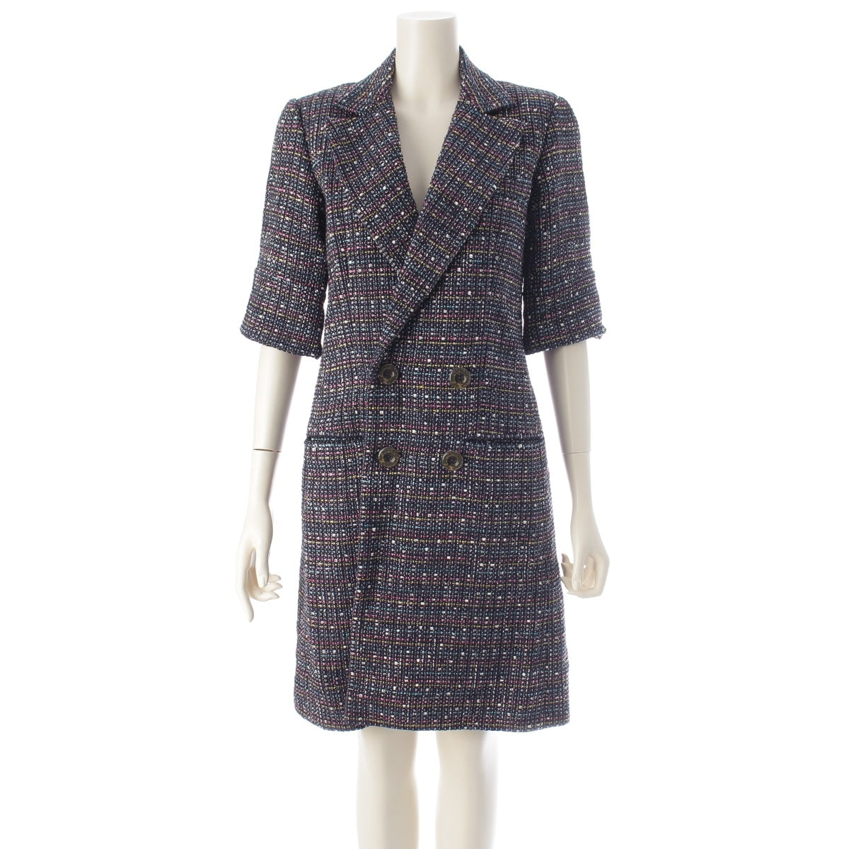 CHANEL COCO Mark Button Tweed Double coat outer P51437 navy multicolor 34