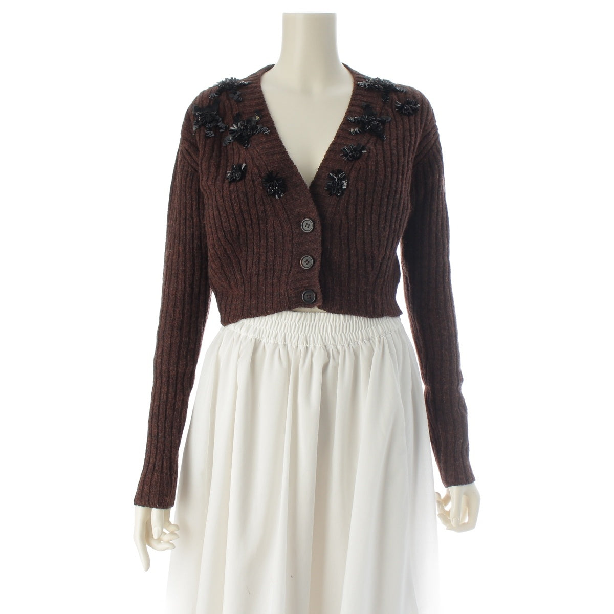 PRADA wool Beaded embroidered cropped pants cardigan Brown