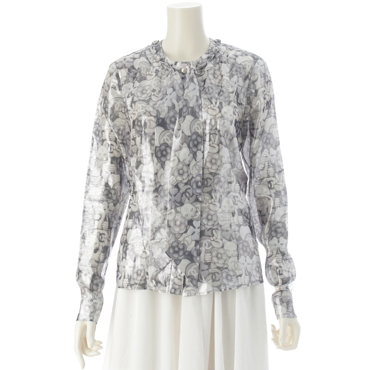 CHANEL Silk x polyester Bow tie Choupette Camellia COCO Mark Long sleeve shirt P55022 Silver 36