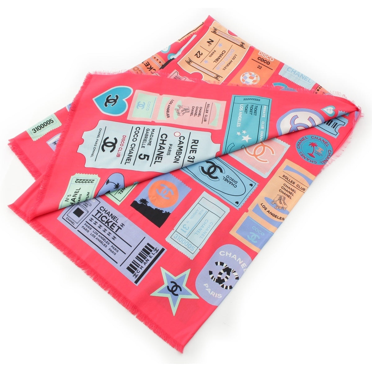 CHANEL Cotton x Silk TICKET COCO Mark Logo All-Over Print Stole shawl pink
