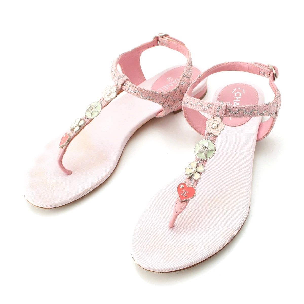 CHANEL tweed COCO Mark Camellia Heart Icon Sandals pink 36 2/1