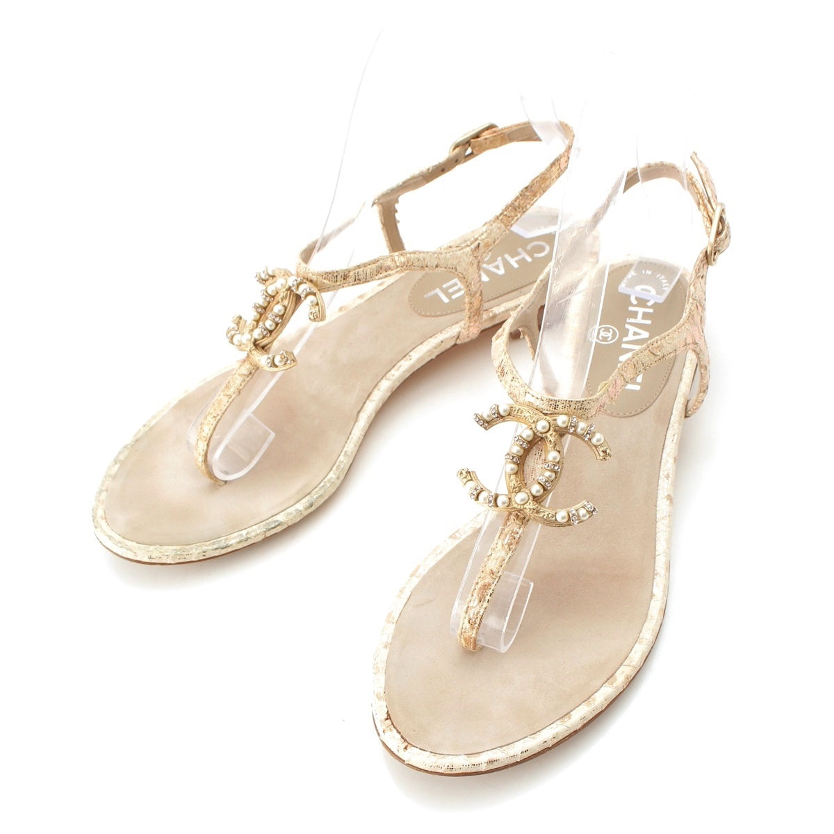 CHANEL Pearl Tweed COCO Mark strap Sandals beige 362/1