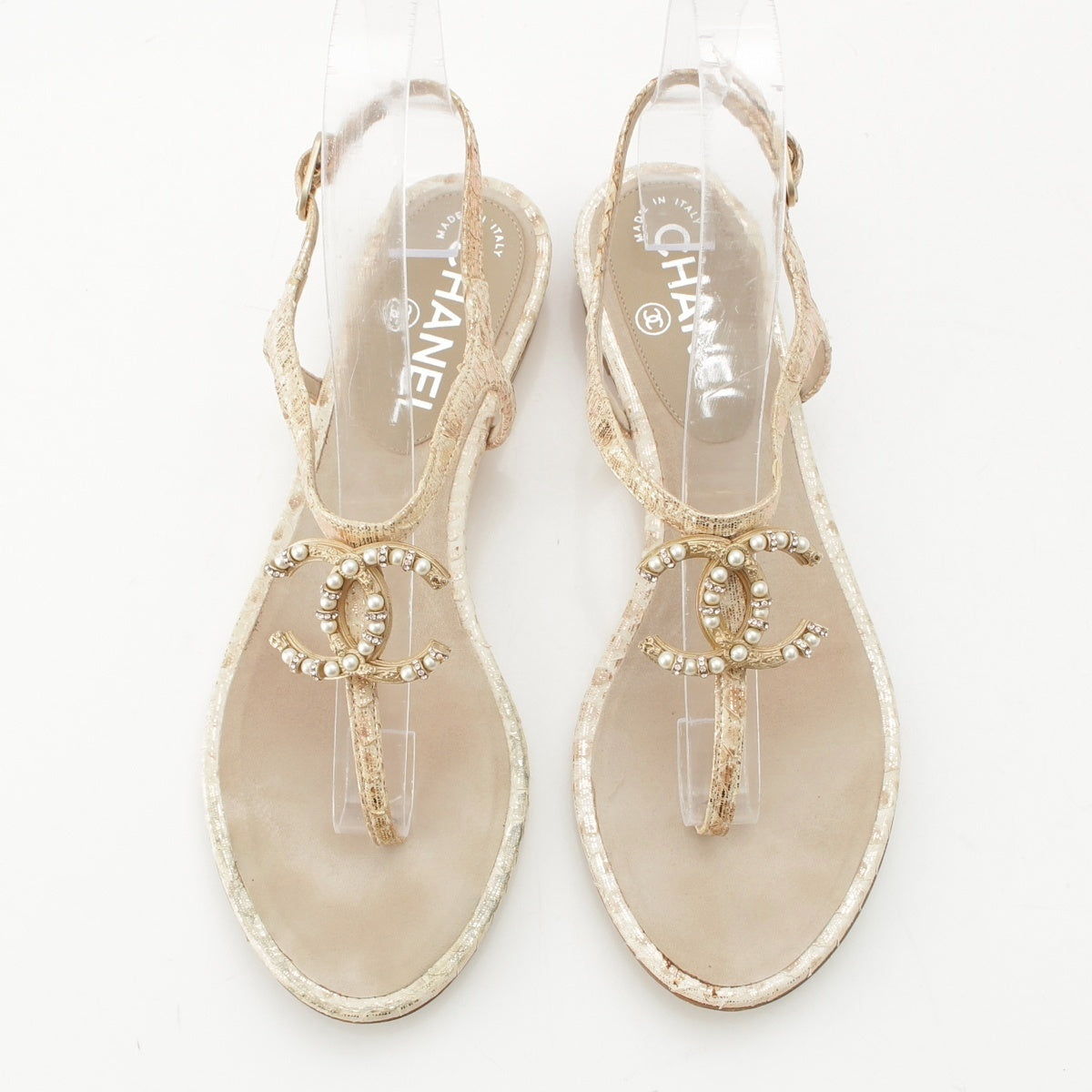 CHANEL Pearl Tweed COCO Mark strap Sandals beige 362/1
