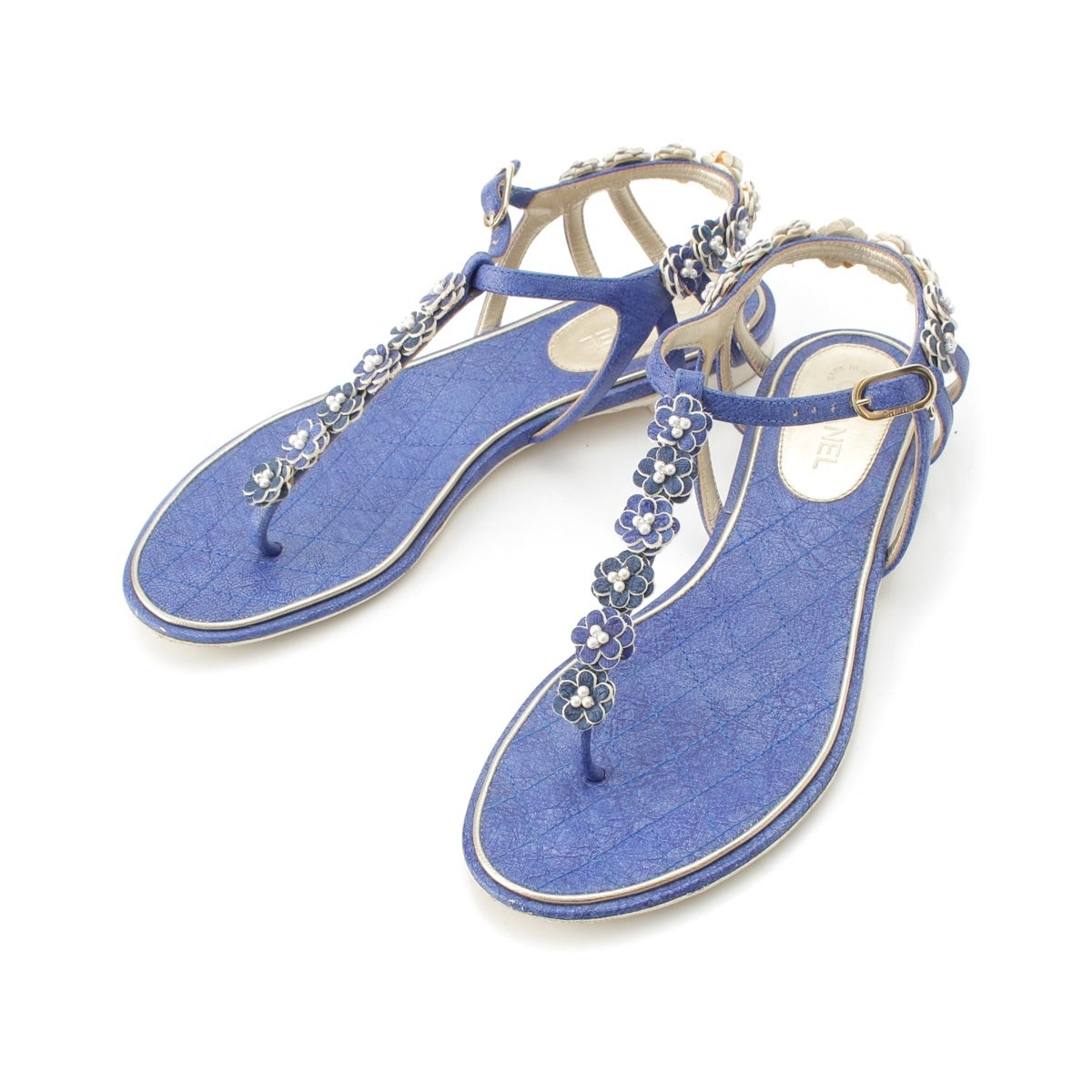 CHANEL Leather Pearl COCO Mark Camellia Strap Sandals blue 36
