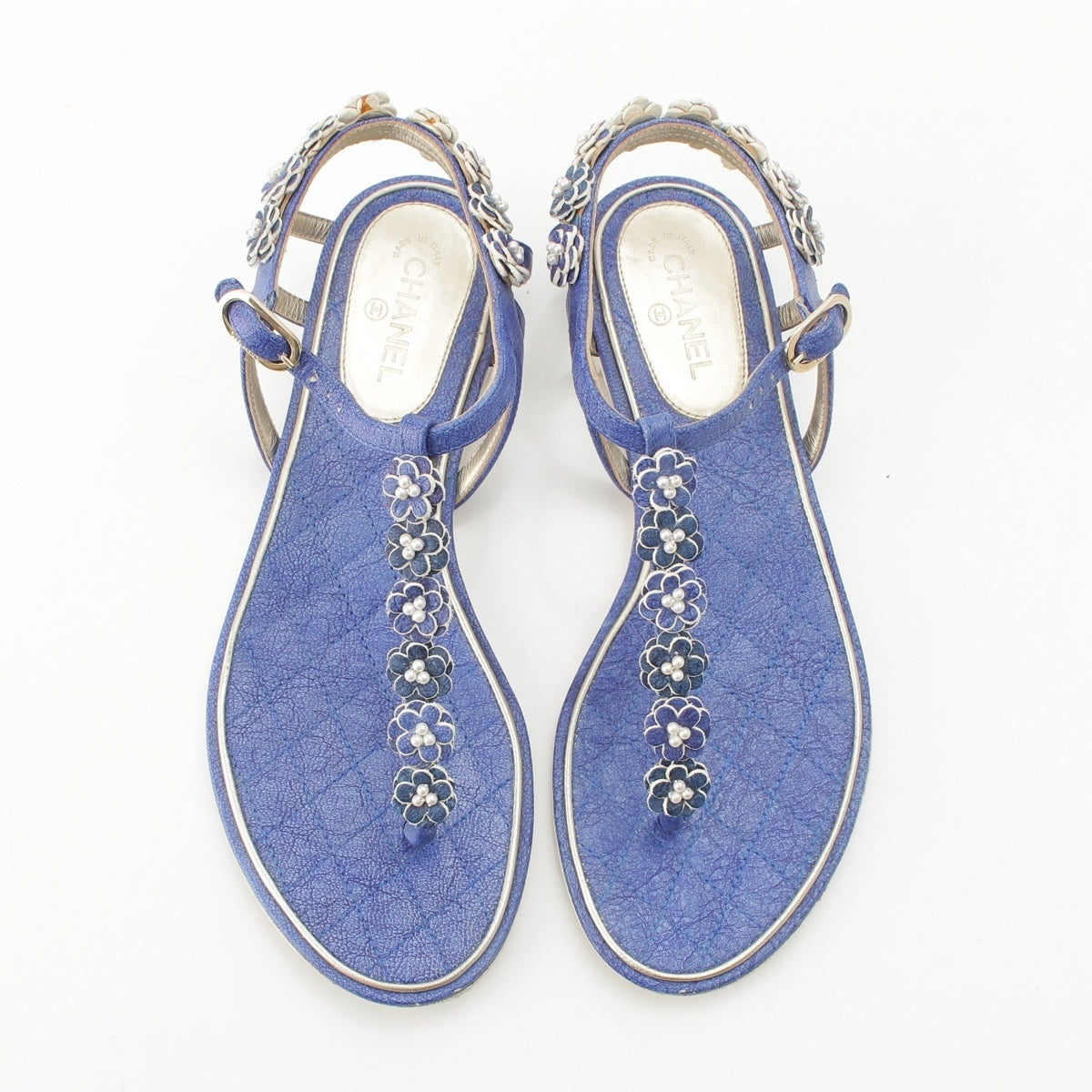 CHANEL Leather Pearl COCO Mark Camellia Strap Sandals blue 36